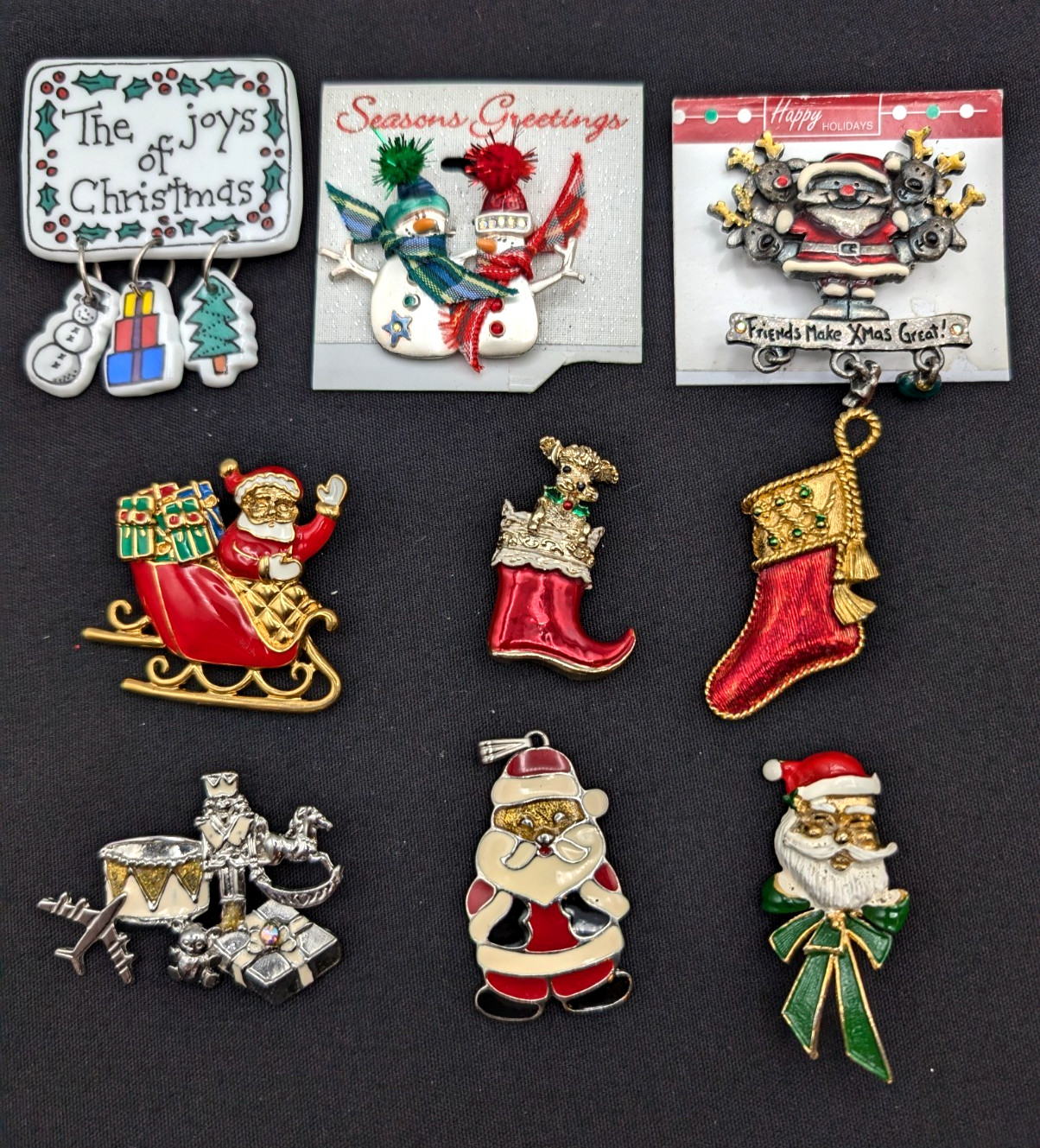 Vintage Mixed Lot Of 9 Santa Snowmen Stocking Enamel & Ceramic Brooches