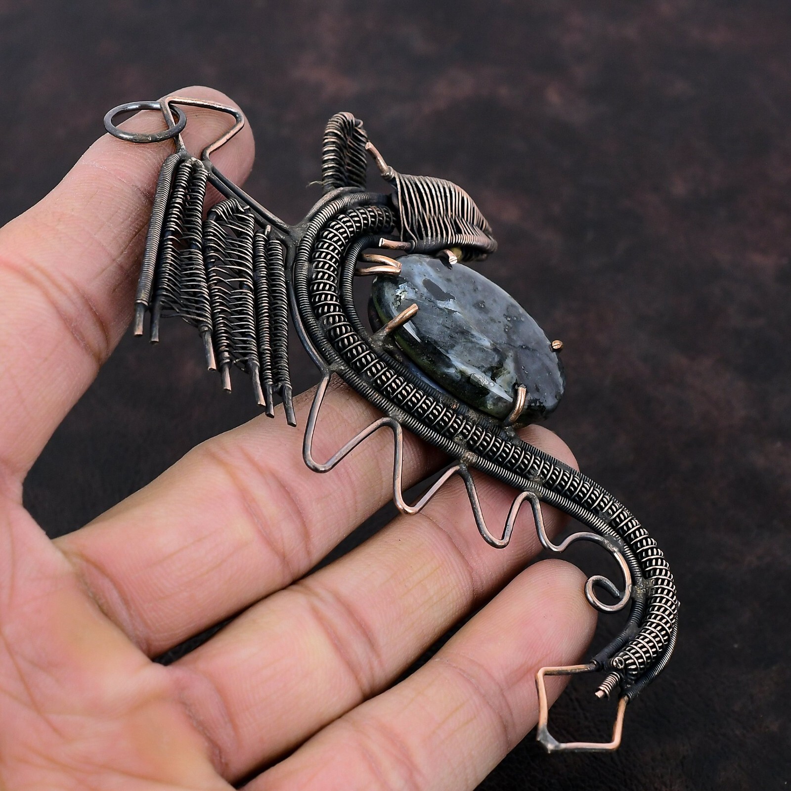 Larvikite Gemstone Jewelry Copper Wire Wrapped Dragon Pendant For Girls 4.49″