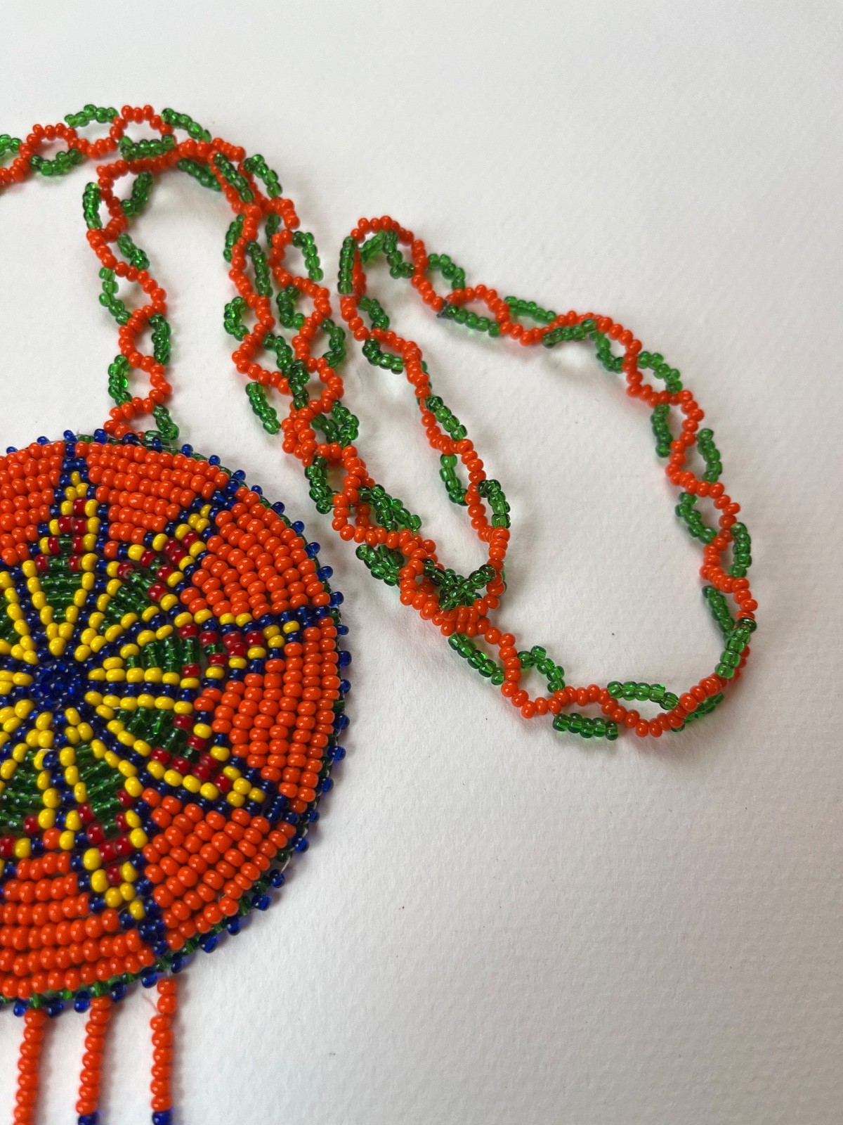 Orange & Green Beaded Chain w Large Blue Yellow Orange Bead Southwest Medallion