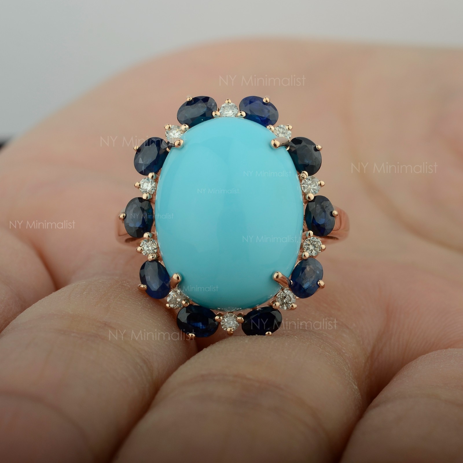 14K Solid Gold Genuine Oval Turquoise Blue Sapphire and Diamond Engagement Ring