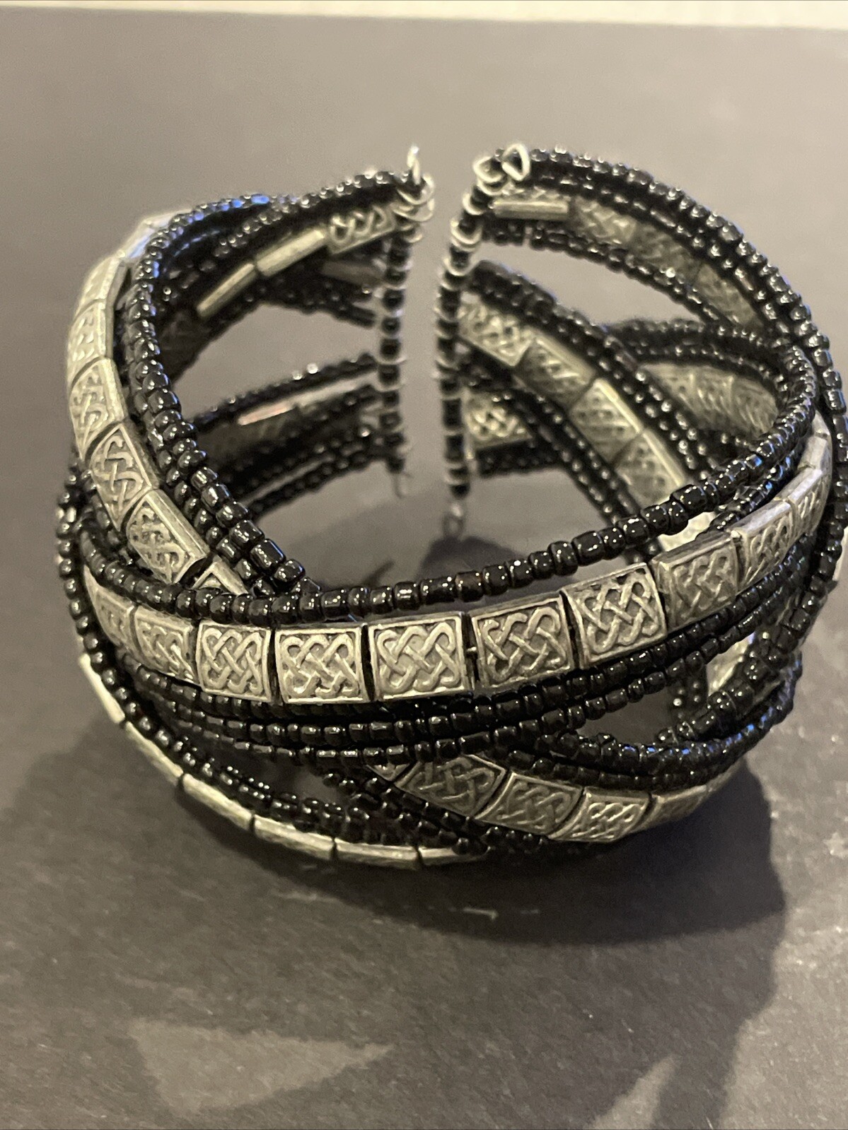 VINTAGE Beaded Cuff BRACELET Black & Silver ~ Seed Beads & Pewter Look Charms
