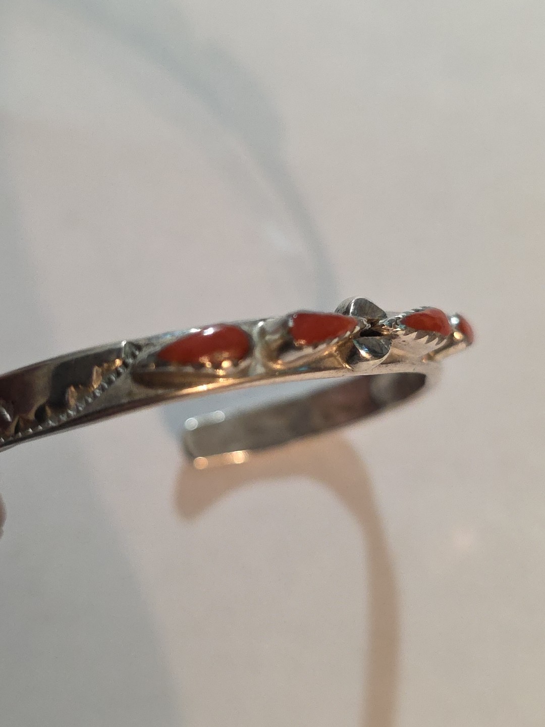 N.A. Navajo Baby Cuff Bracelet Silver And Coral 4.5″ Stamped. Signed EW