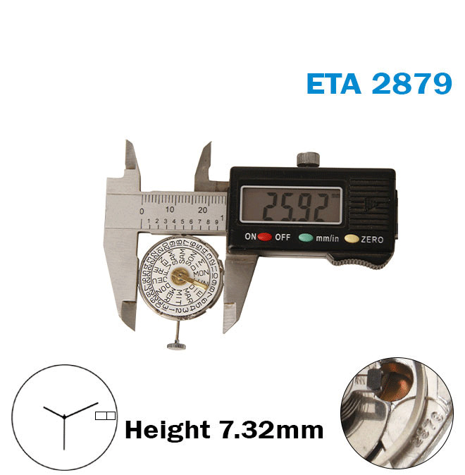 ETA 2879-GABARIT 3HZ-Automatic Movement-White Day/Date Disk At 3-3Hands-H:7.32mm