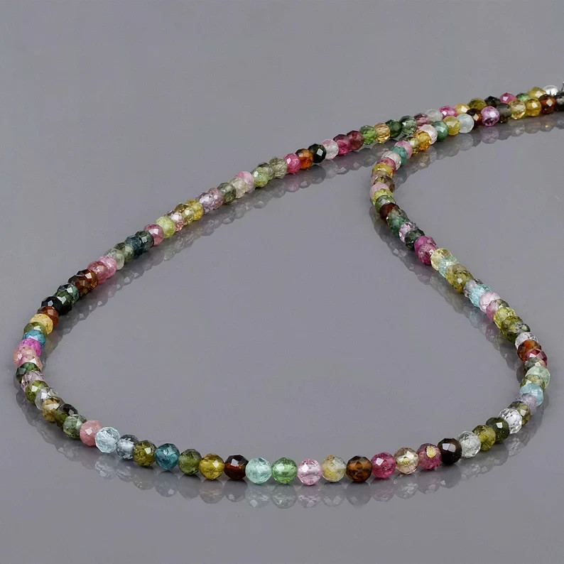 Natural Multi Tourmaline 3mm Round Beaded Necklace 925 Sterling Silver 18″ Gift