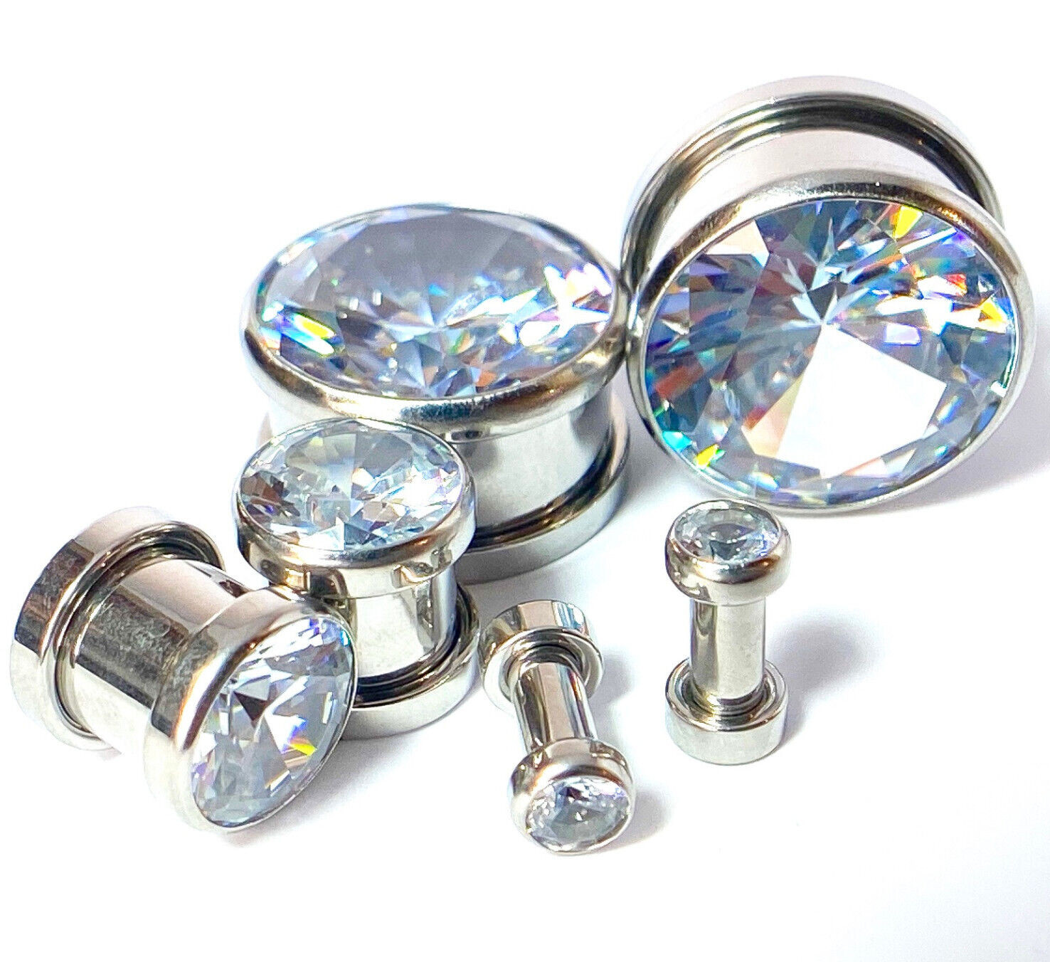 PAIR Large Gem Screw Fit Tunnels Ear Plugs Gauges – select size 6g up to 5/8″