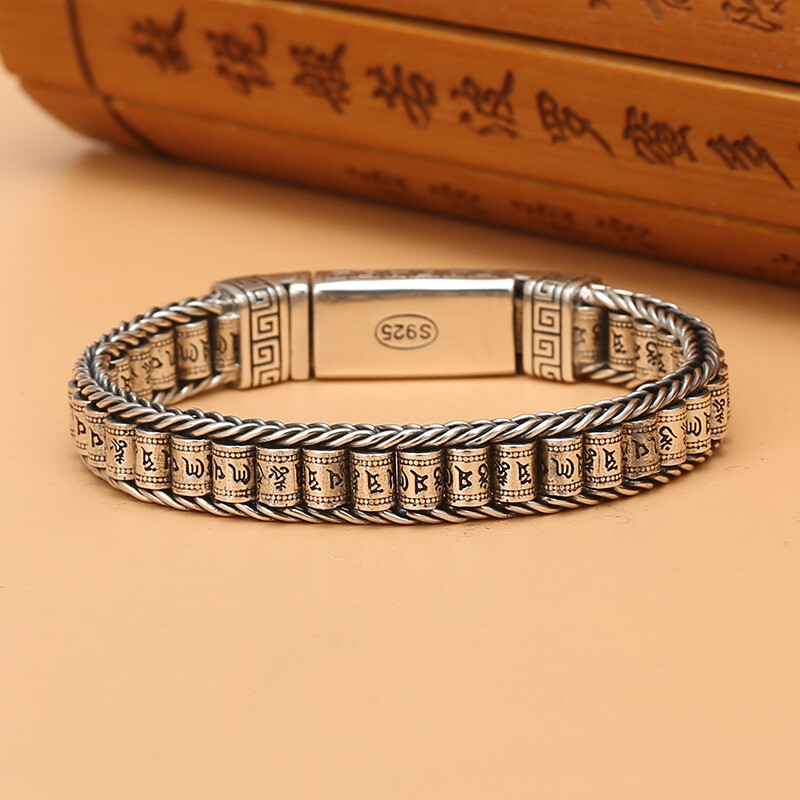 Pure Silver S925 Sterling Silver Chain Men Women Mantra Beaded Link Bracelet