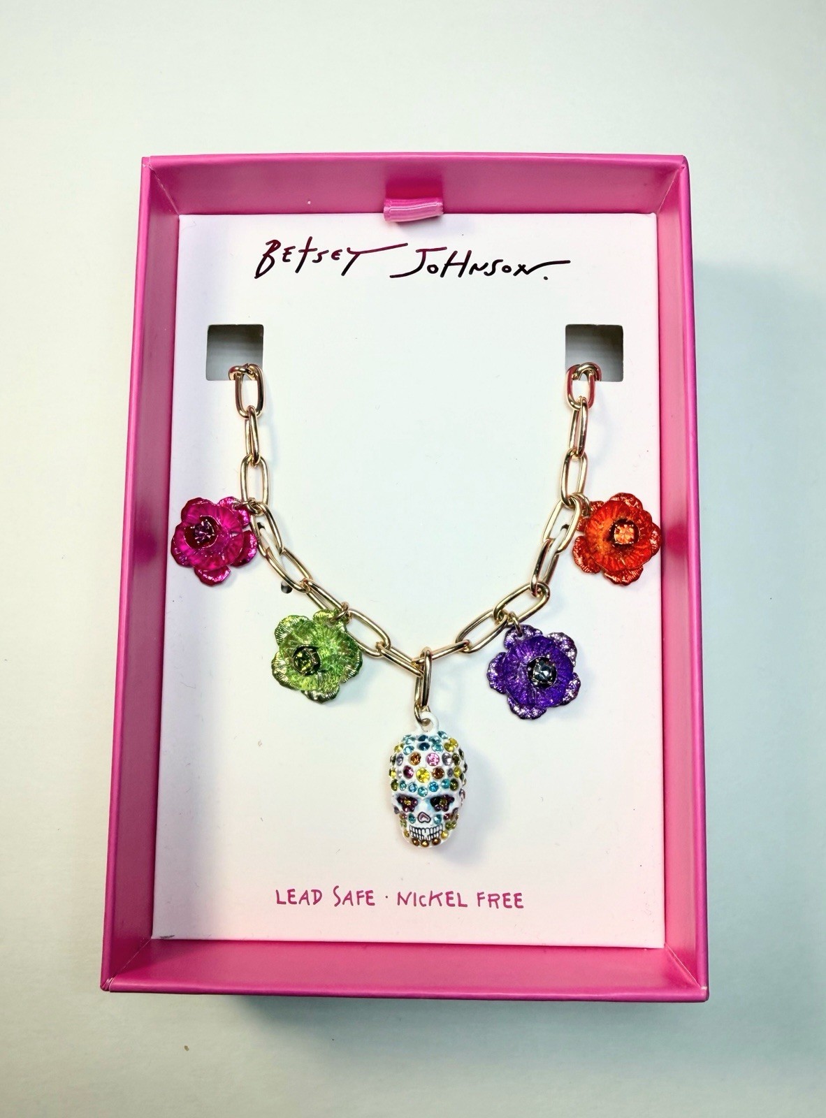 NEW $68 BETSEY JOHNSON Gold White Red Green Purple Flower Skull Necklace