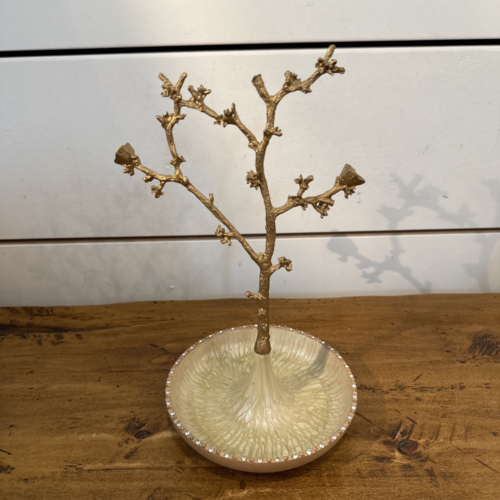 Goldtone Jewelry Tree Stand with Enamel Bowl Base
