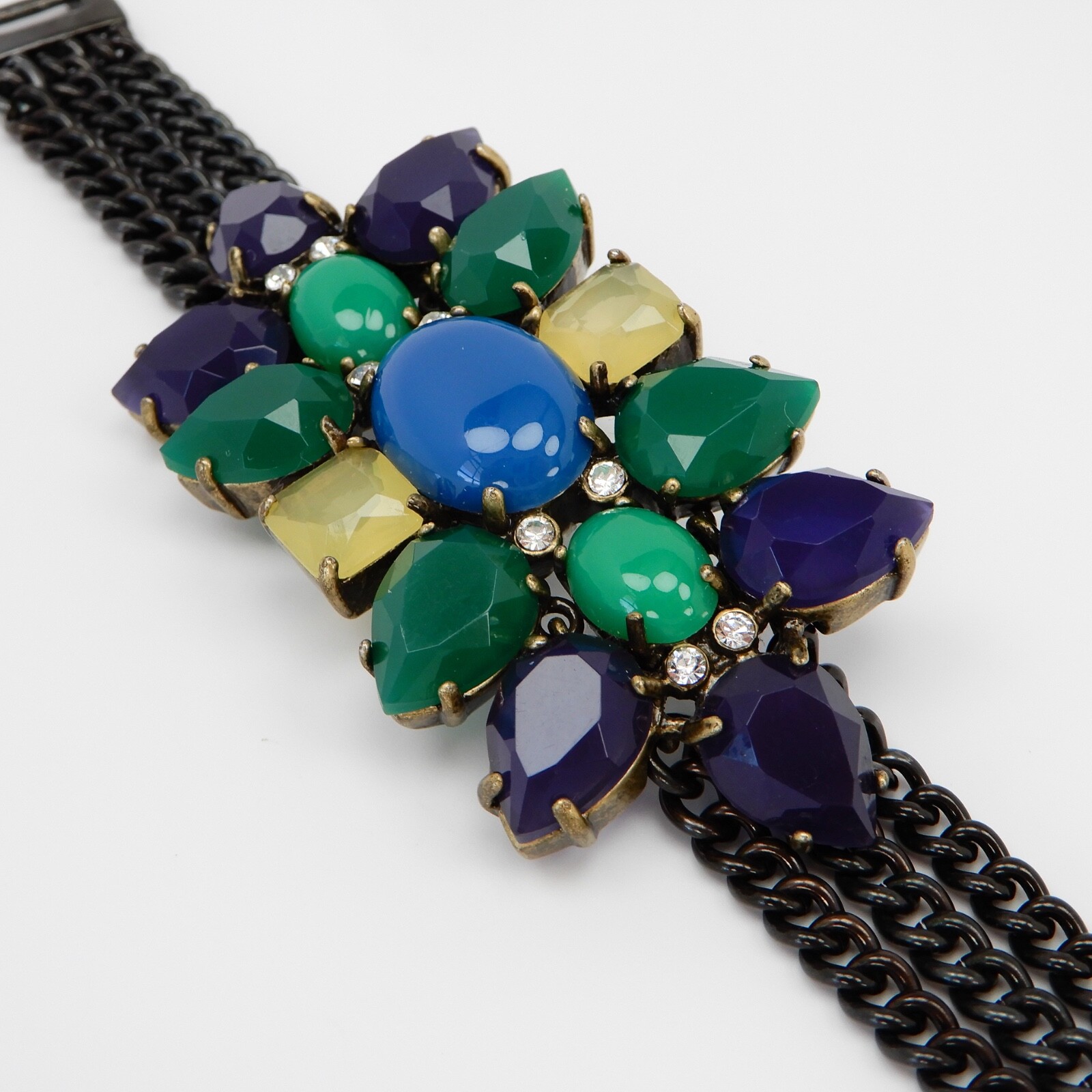 Stella & Dot Peacock Bubble Cabochon Gunmetal Chain Statement Bracelet Wrap 6.2″