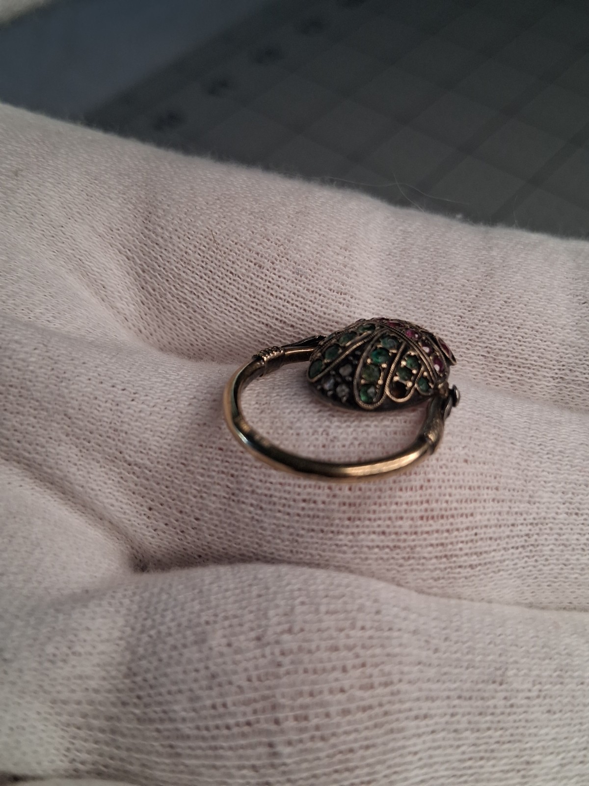 Antique 18k Rubies/Emeralds/Diamonds Scarab Flip Ring