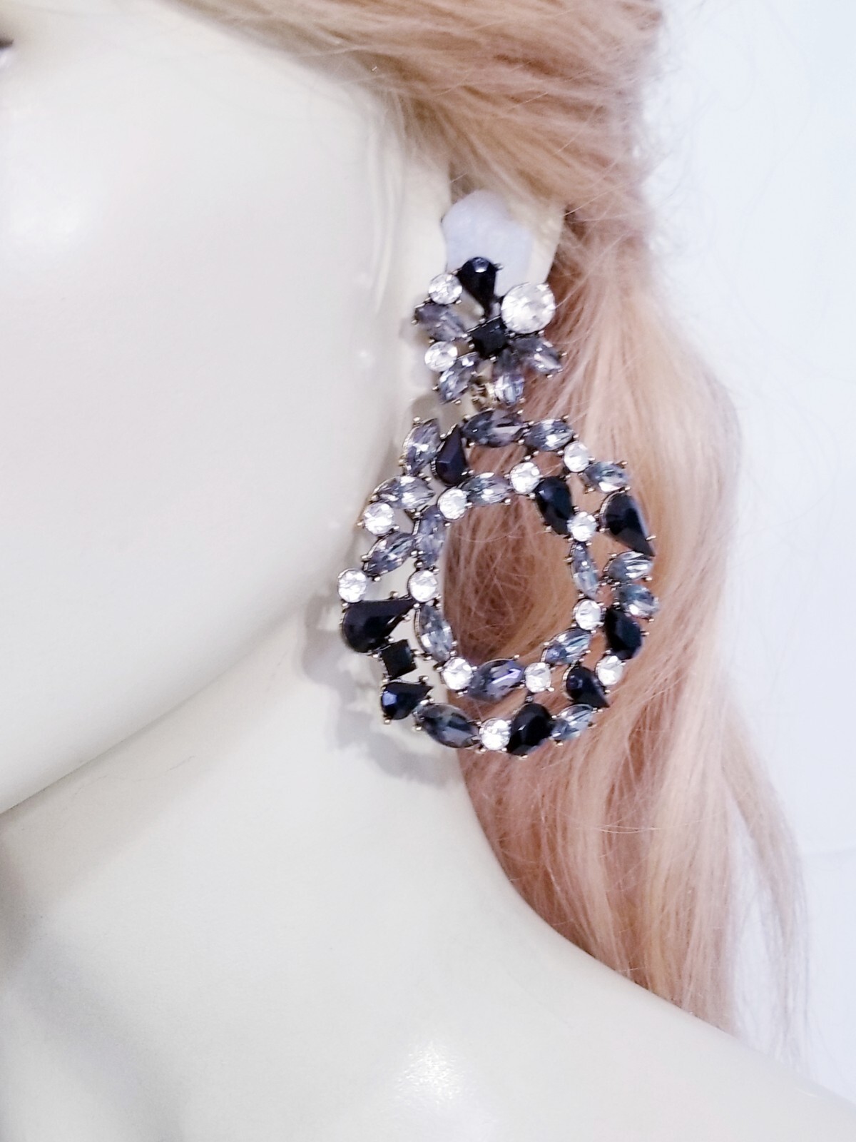 Chandelier Rhinestone Crystal Pageant Bridal Earrings Black Hoops Dangle 2.8 in