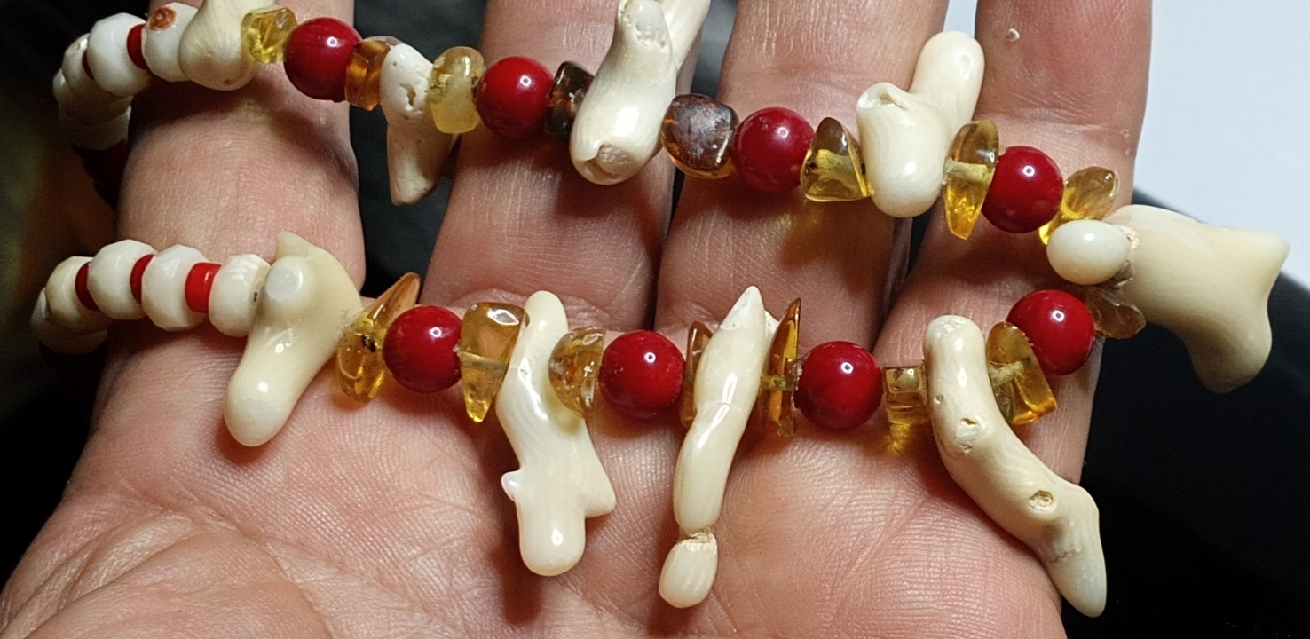 Natural White and Red Coral with Amber Adjustable Neckalce.
