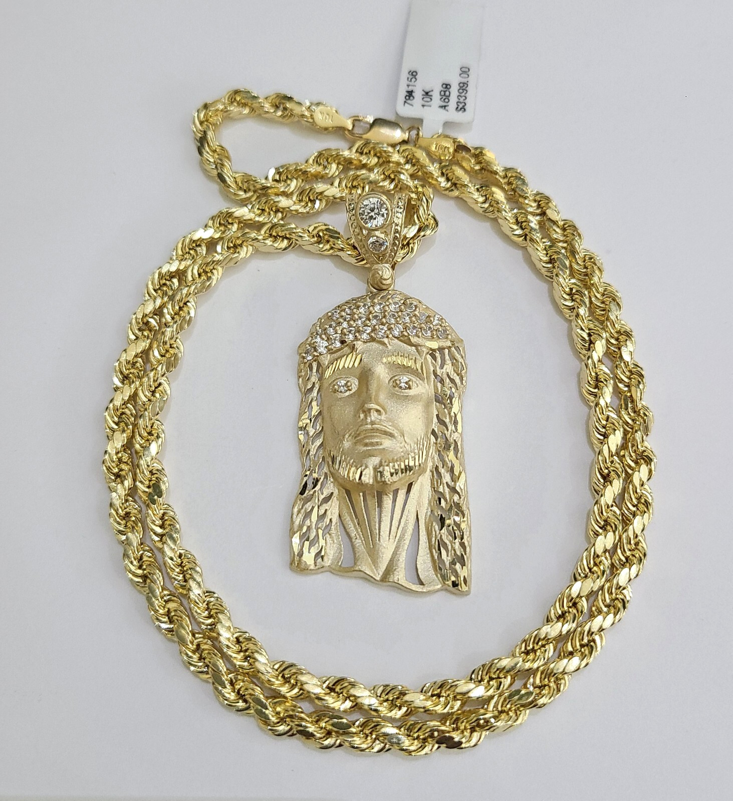 10k Jesus Head Charm Rope Chain Set 4mm 18″-28″ Inches Necklace Yellow Gold