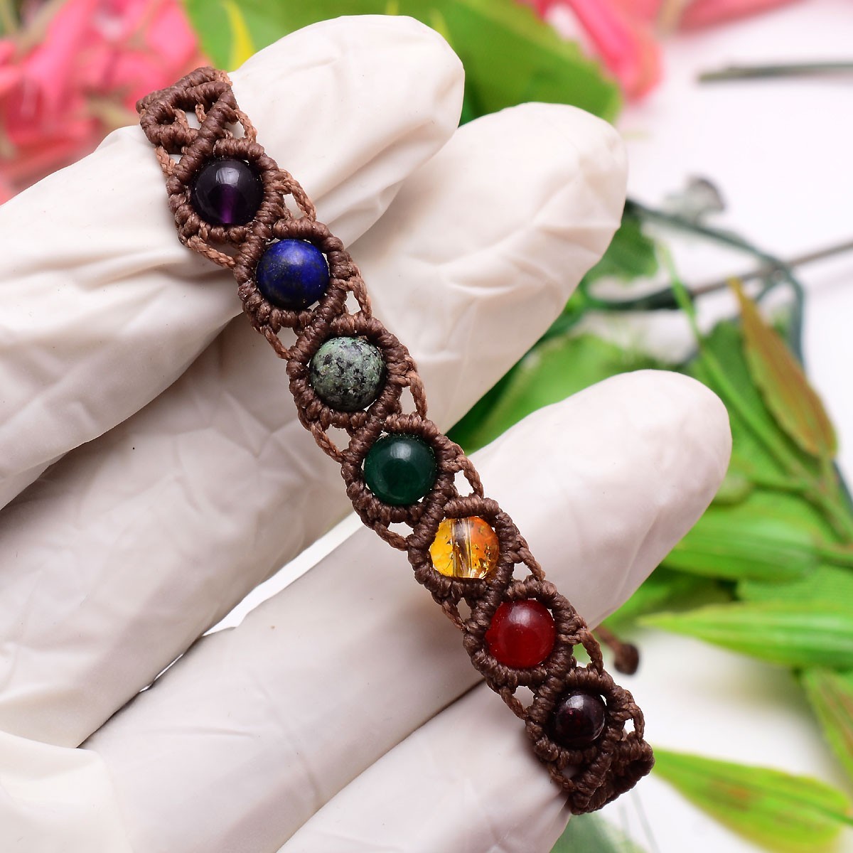 Handmade Natural Multi Gemstones Beautiful Macrame Cuff Beaded Vintage Bracelet