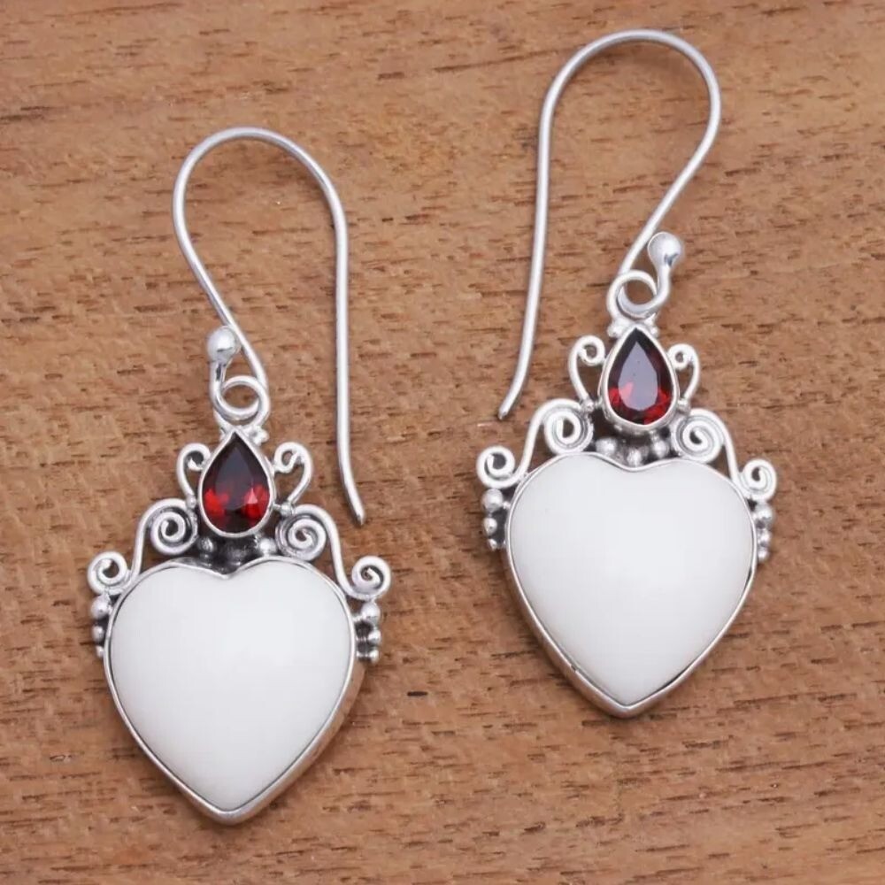 Heart-Shaped White & Red Gemstone Sterling Silver Dangle Earrings