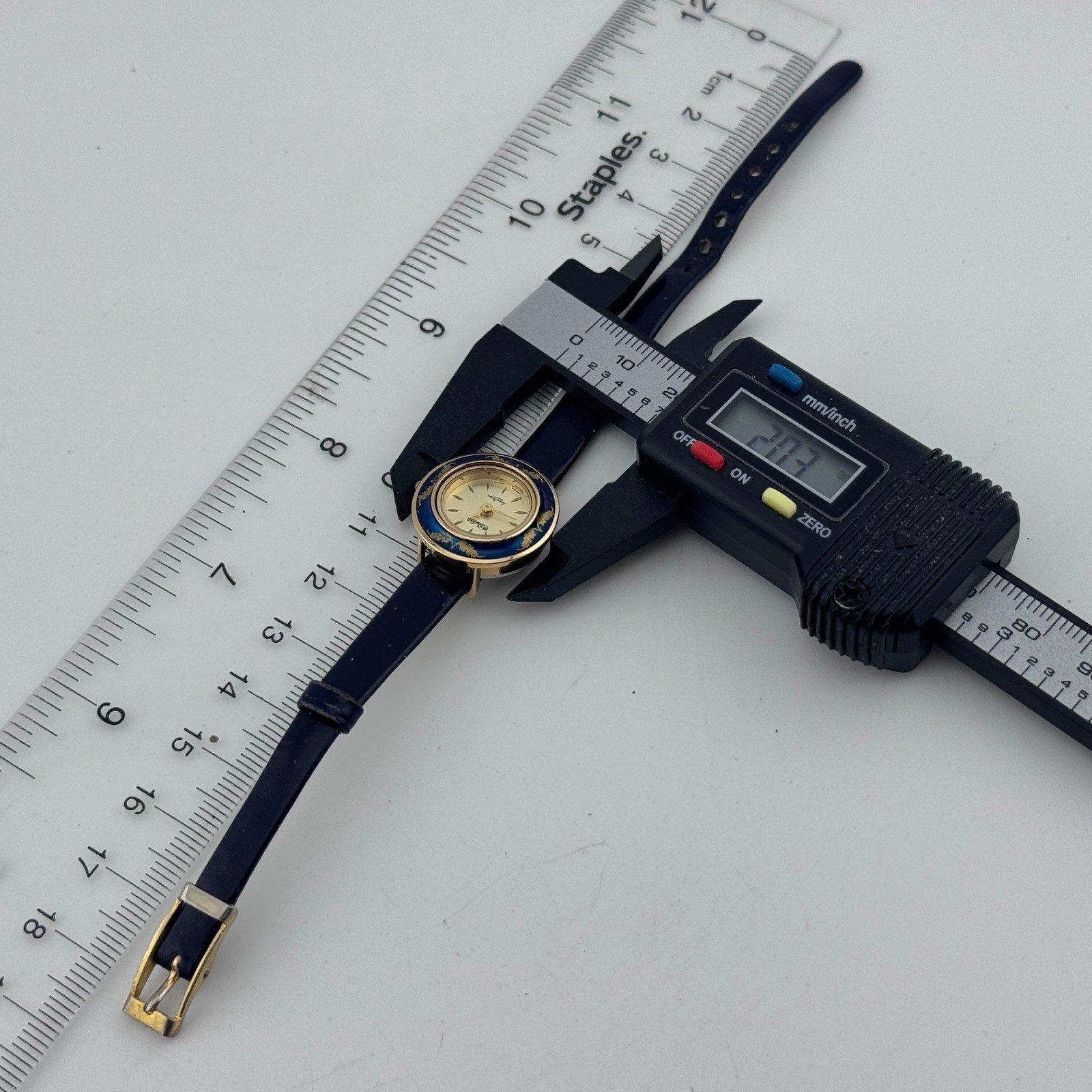 VTG Dufonte Quartz Watch Women 20mm Gold Tone Enamel Bezel Leather New Battery