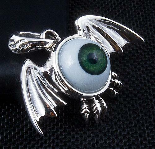 Silver Green Eyeball Gothic Wings Pendant