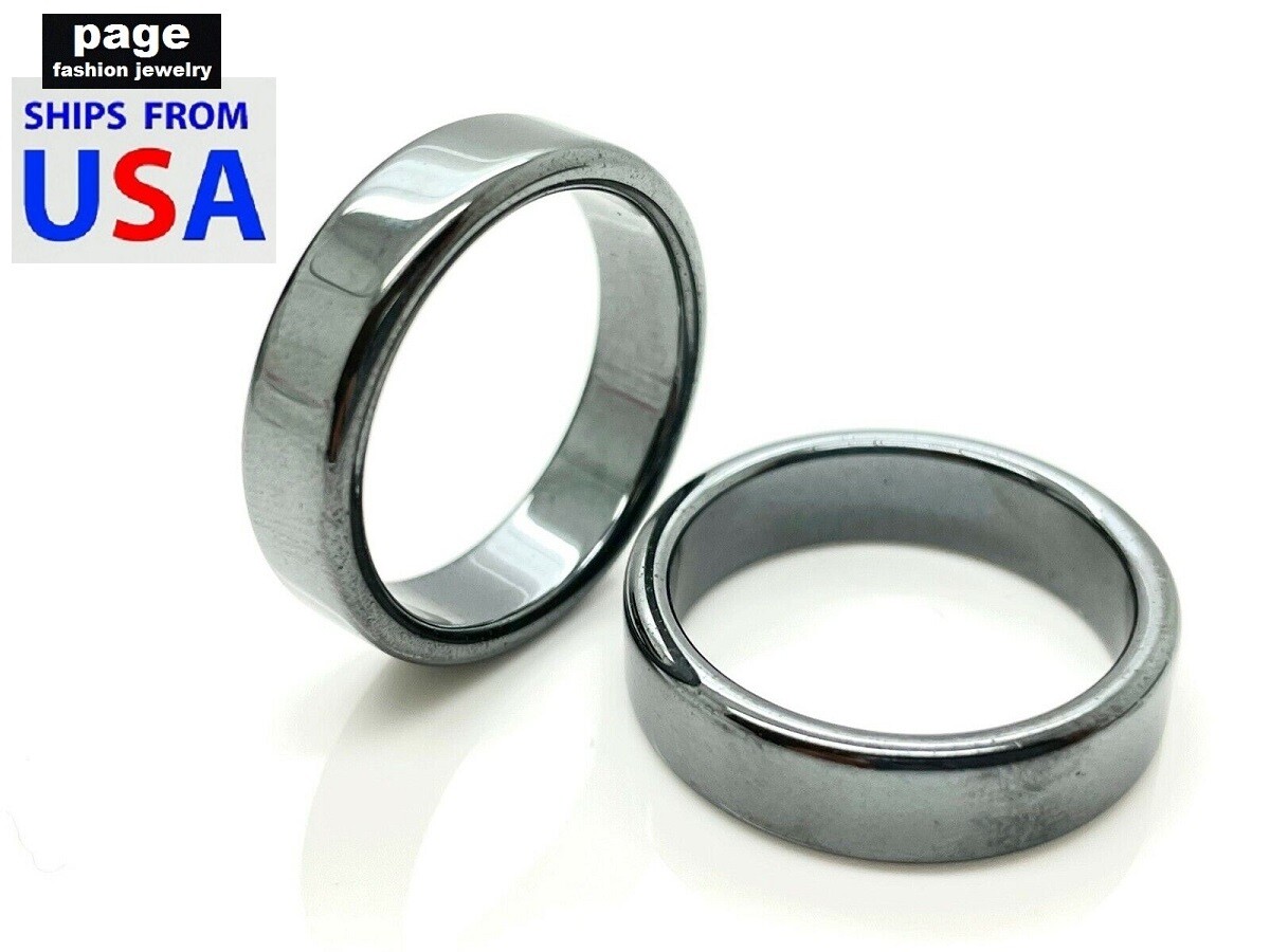 Real Natural Black Hematite Basic Flat Band Ring For Men/Women US Size 6-11