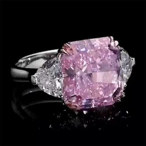 4Ct Ascher Cut Pink Sapphire Lab Created Engagement Ring 14K White Gold Plated