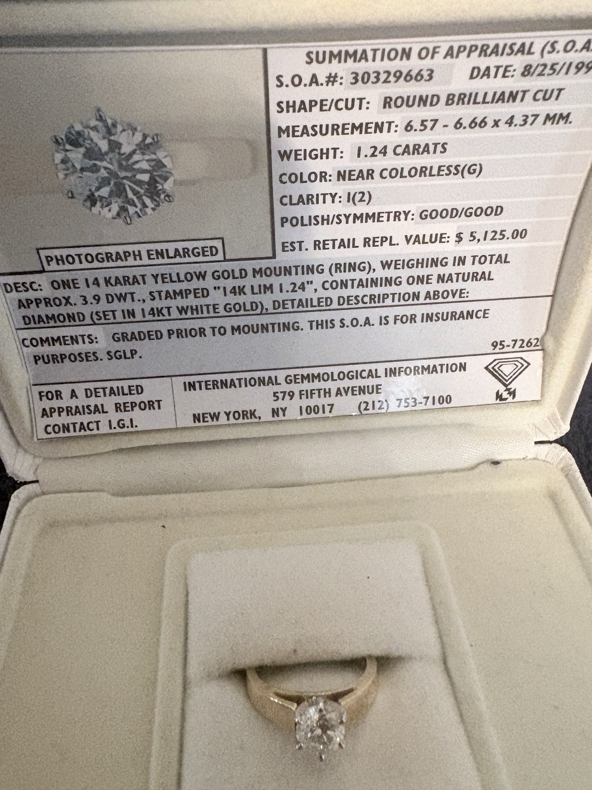 14K Yellow Gold 1.24ctw Round Diamond Solitaire Engagement Ring IGI Size 6