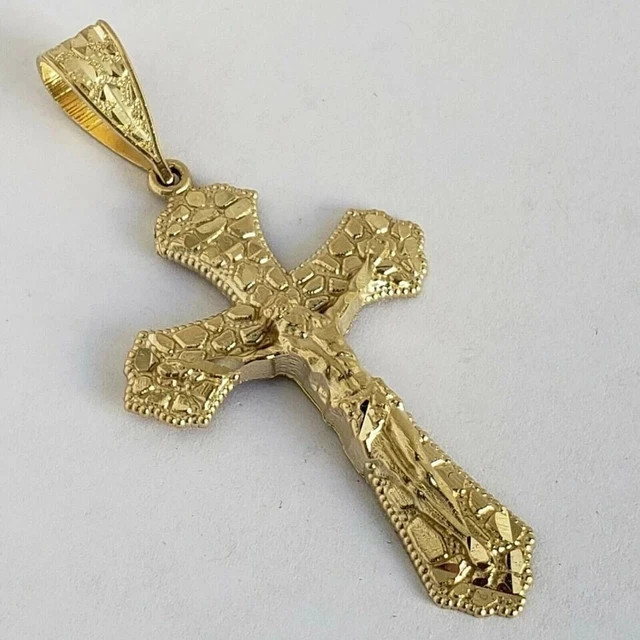 Cross Charm Pendant Nugget Jesus Crucifix Men’s Women’s 14k Yellow Gold Plated