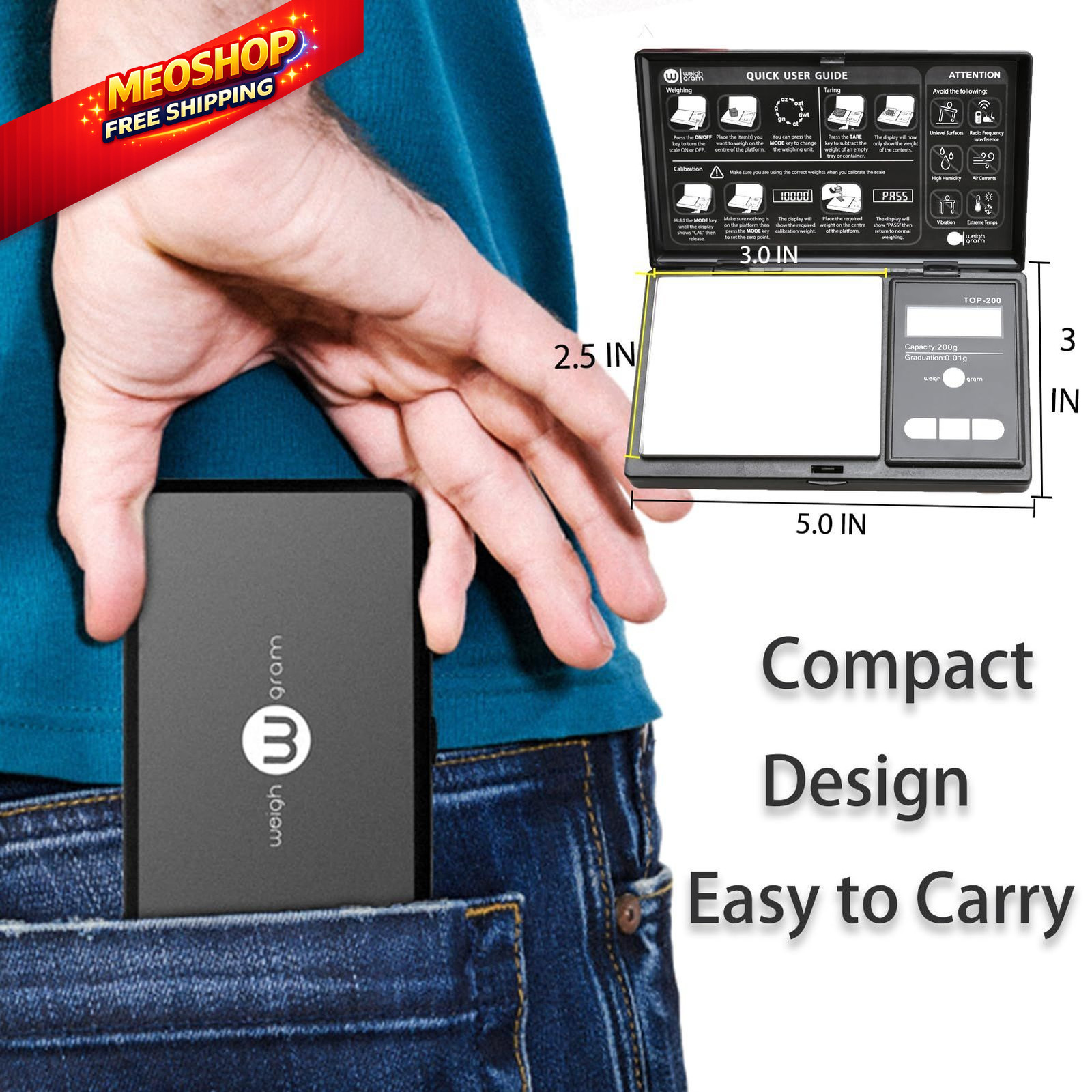 Weigh Gram 200g Digital Pocket / 0.01g (Model: TOP-100), Black
