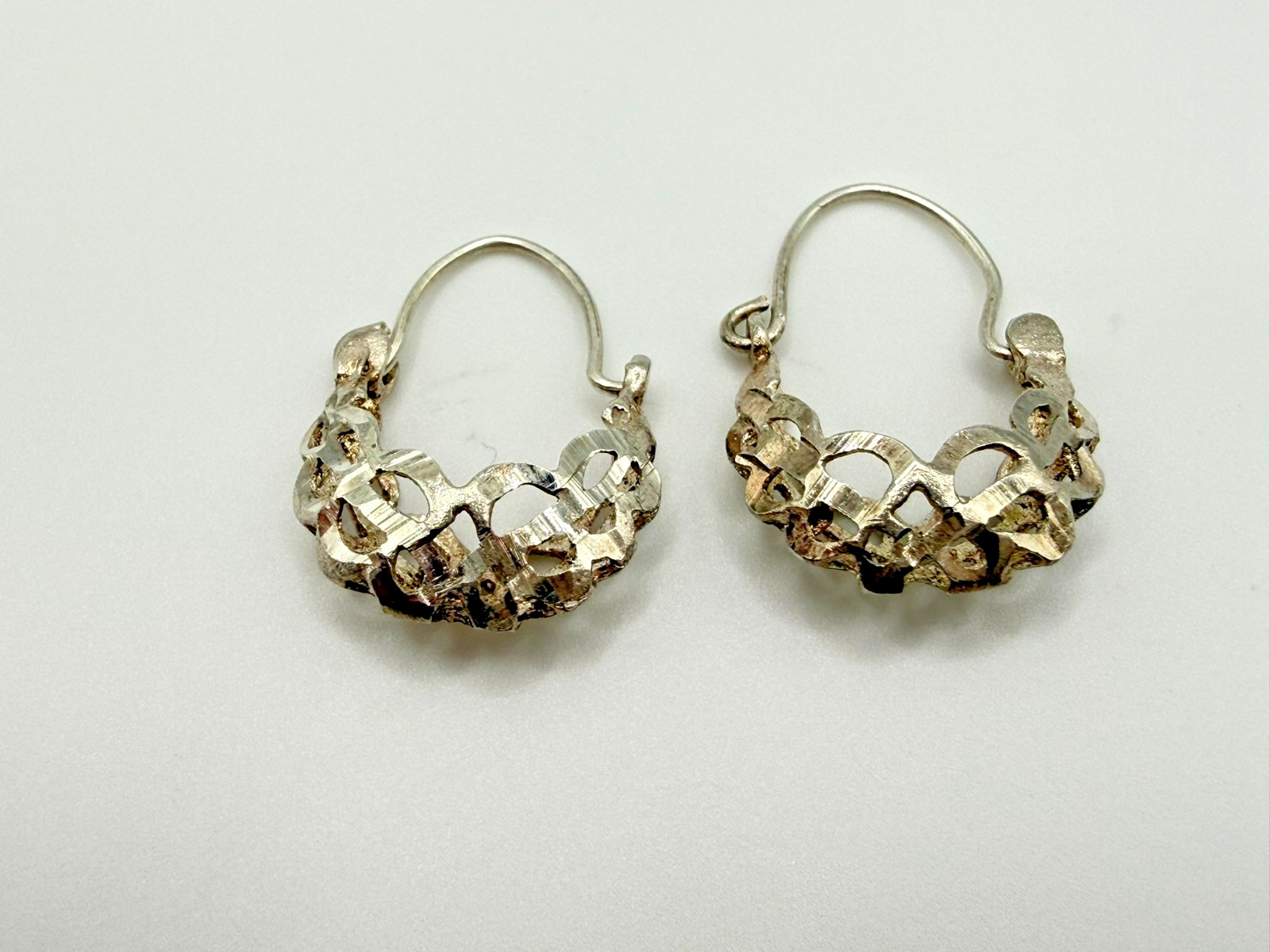 Silver Open Lattice Cutwork Crown Silhouette Hoop Earrings