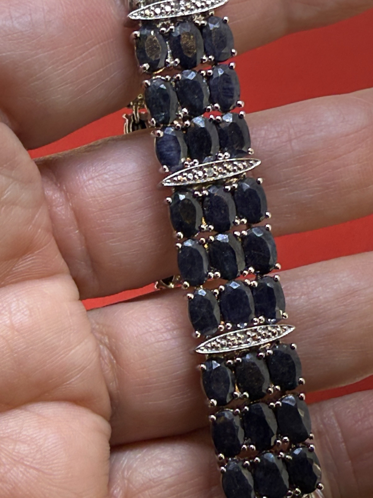 Vintage SJM Sterling Silver Blue Sapphire & Diamond Bracelet 7.5 Inch Long