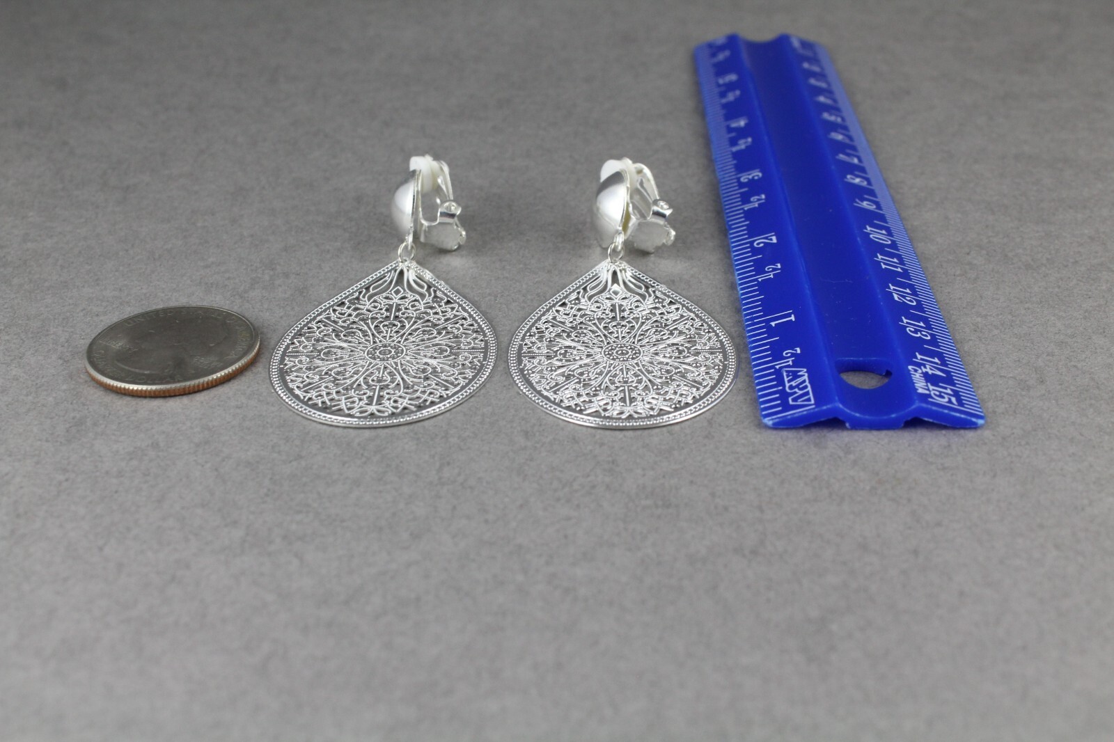Silver Clip On earrings filigree teardrop pendant clips lightweight 2.5″ long