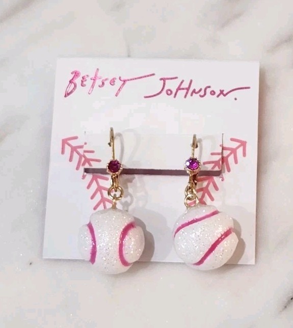 NWT! Betsey Johnson Pink & White Baseball Dangle Game Day Sparkle Earrings