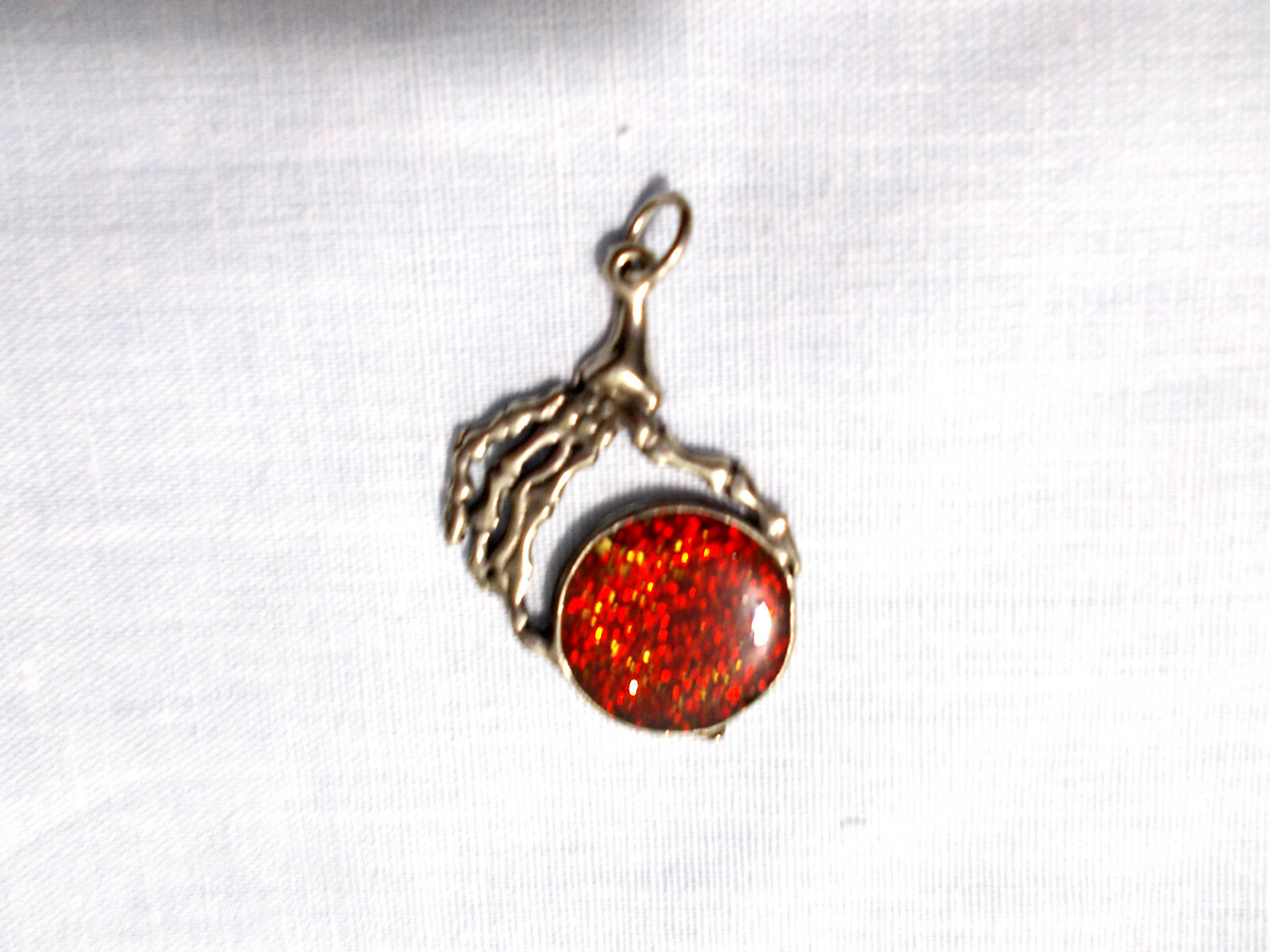 GOTHIC SKELETON BONES HUMAN HAND w RED GLITTER INLAY ORB PEWTER PENDANT NECKLACE