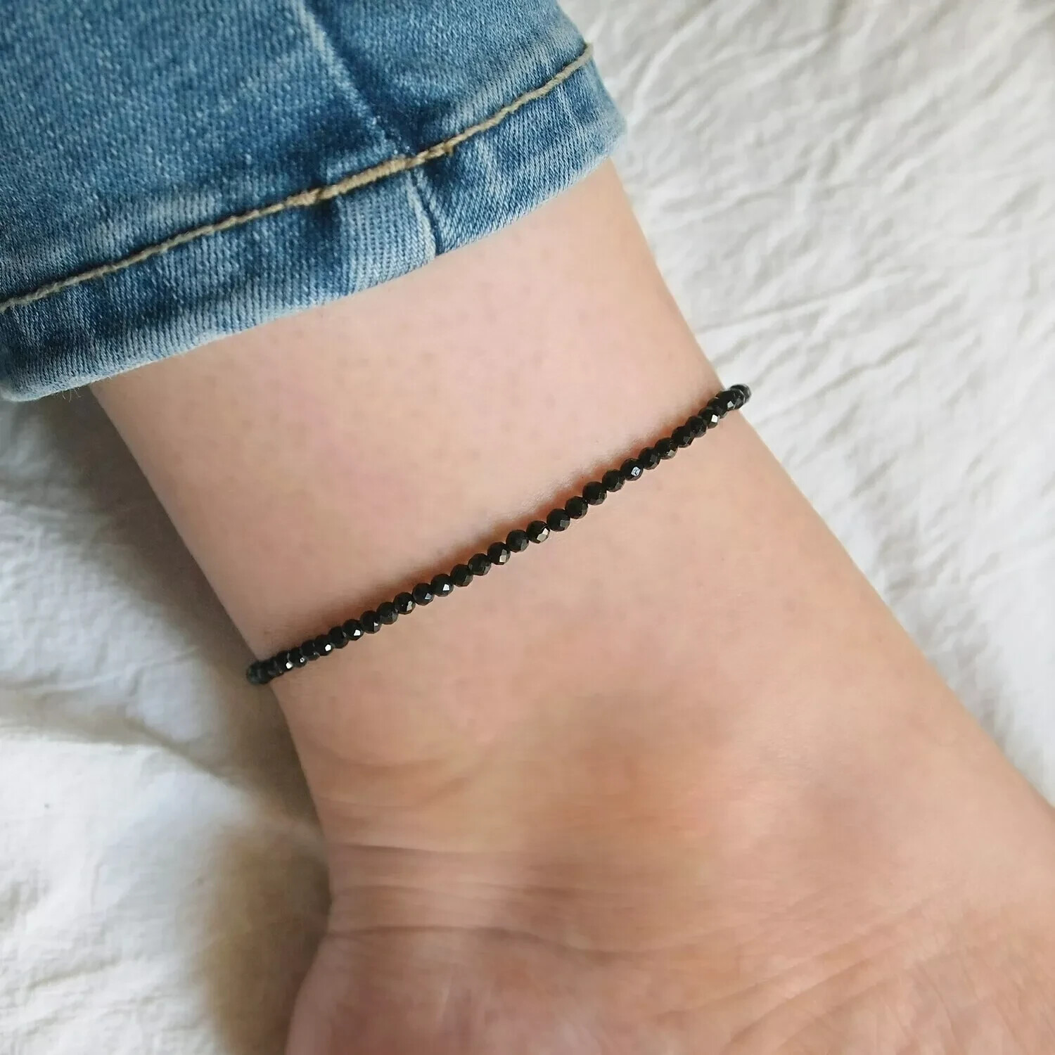 Natural Black Tourmaline Beaded Anklet Compact Crystal Healing Reiki Gift