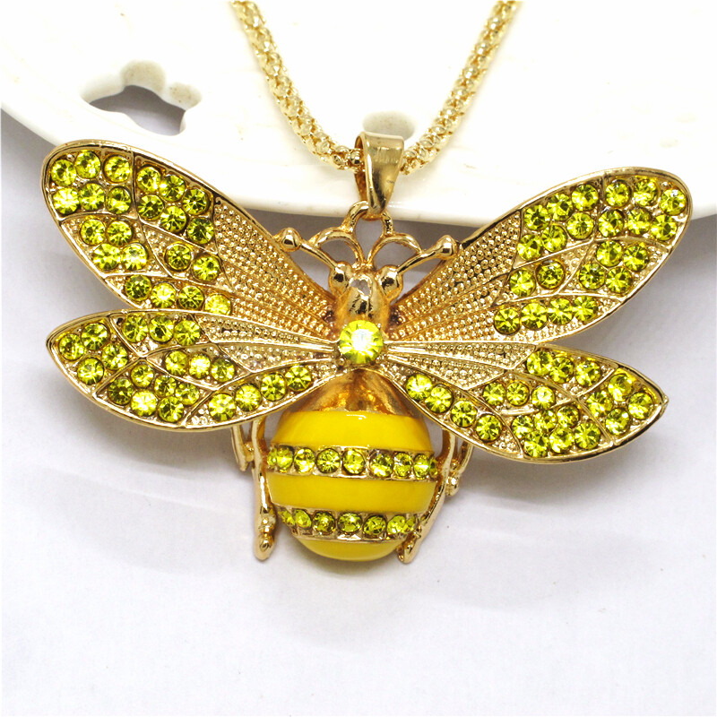 Fashion Yellow Rhinestone Honey Insect Crystal Pendant Sweater Chain Necklace