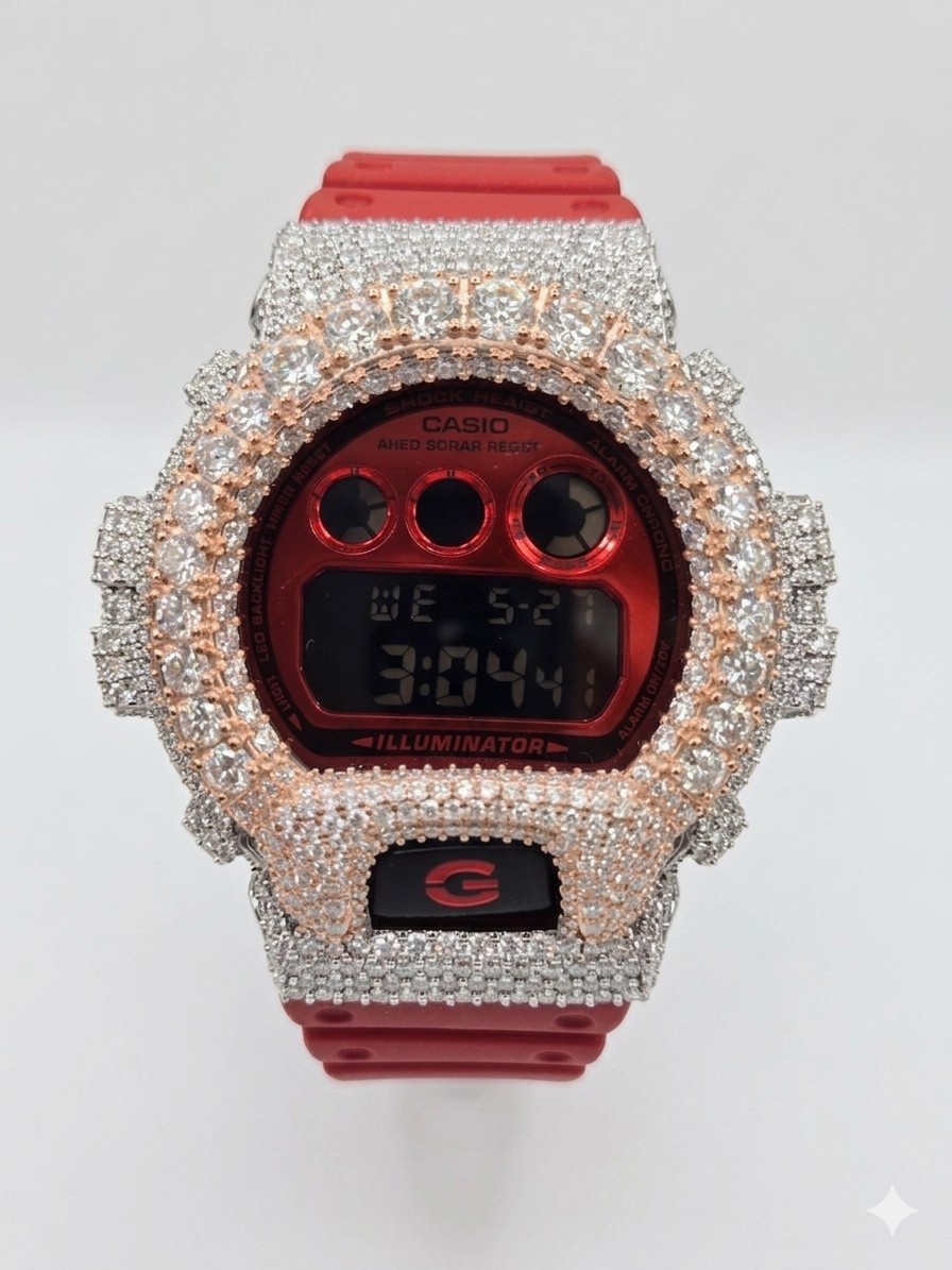Moissanite G Shock Casio 2tone Rose 3Line Bezel, Red Band W/Original Bezel New
