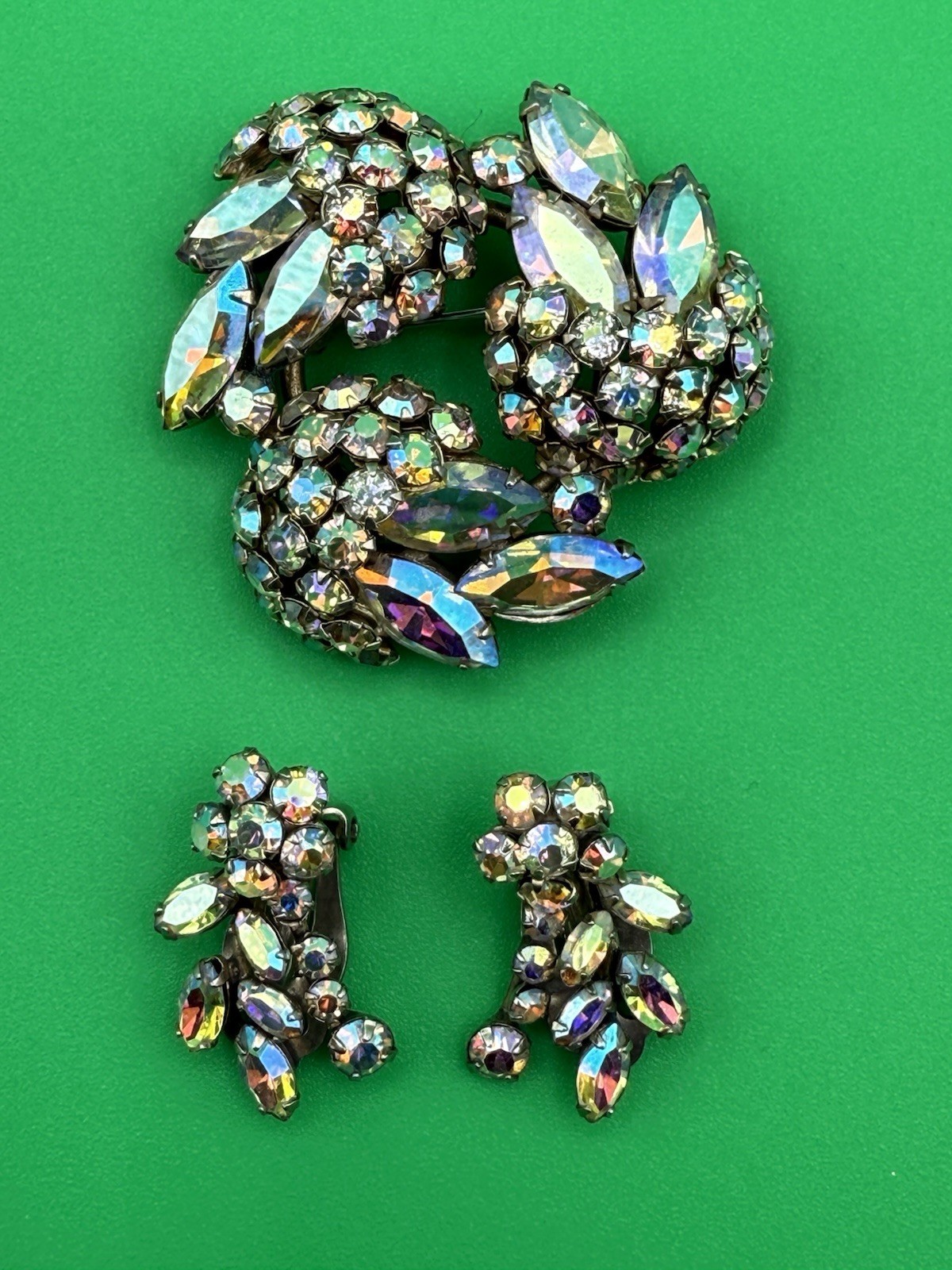 Vintage SHERMAN Signed Aurora Borealis Brooch and Earring Set BEAUTIFUL!
