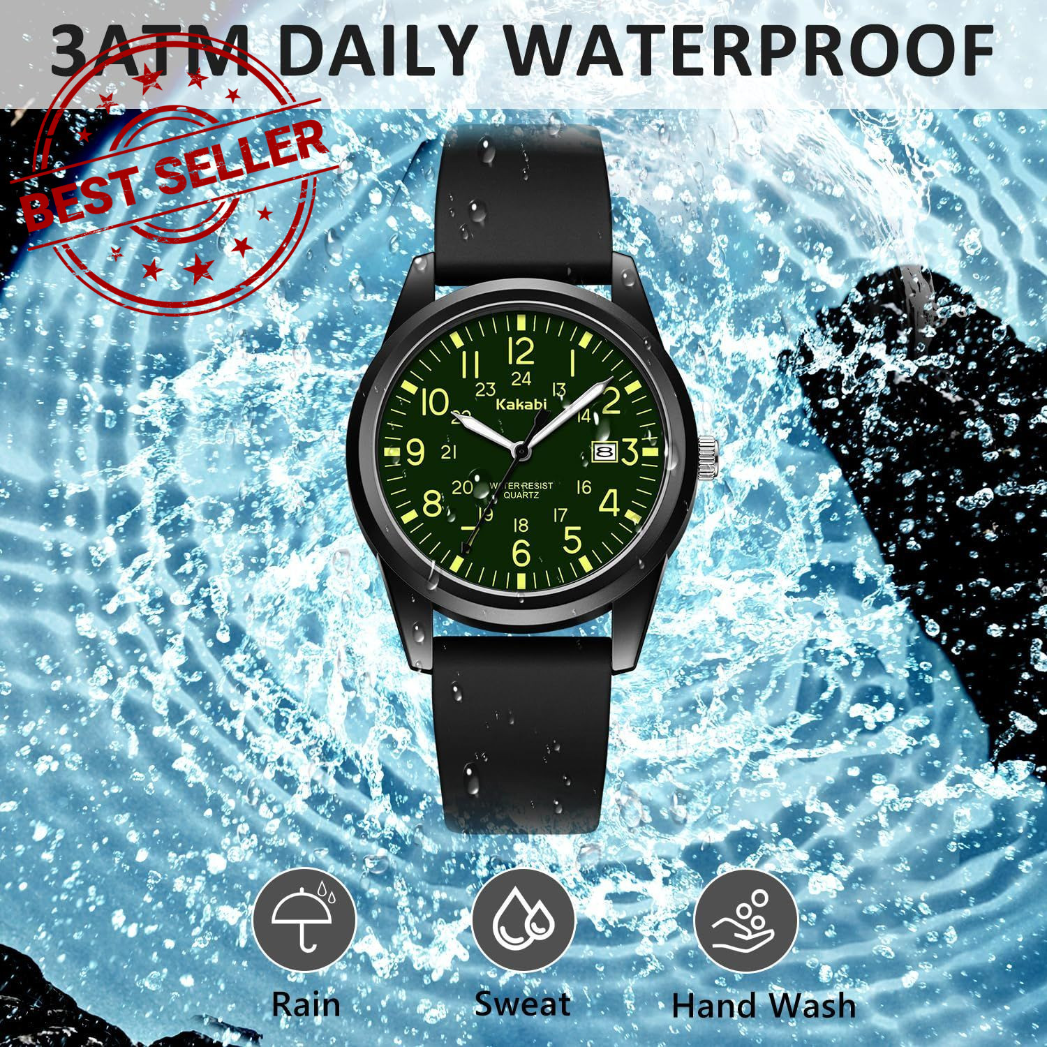 Kakabi Men’s Easy to Read Watch, Unisex Military Sport Analog 010-BlackGreen