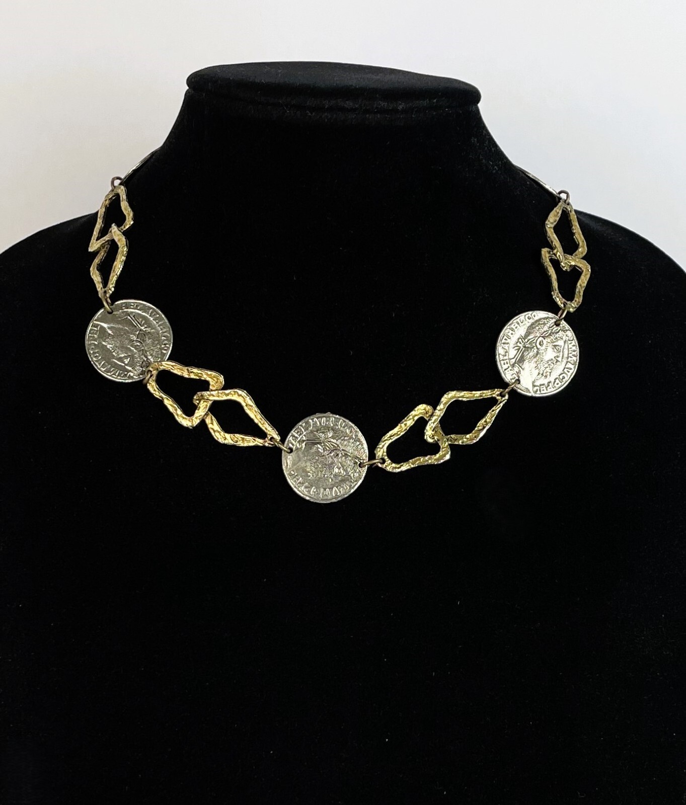 Vintage 1970’s Silver & gold tone Faux Roman Coins Long Rope style Necklace 18″