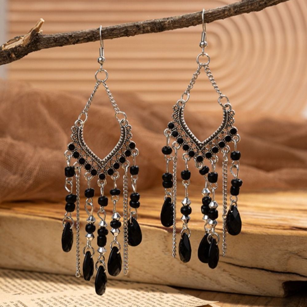 Handmade Rhinestone Enamel Gem Tassel Drop Earrings Alloy Vintage Jewelry