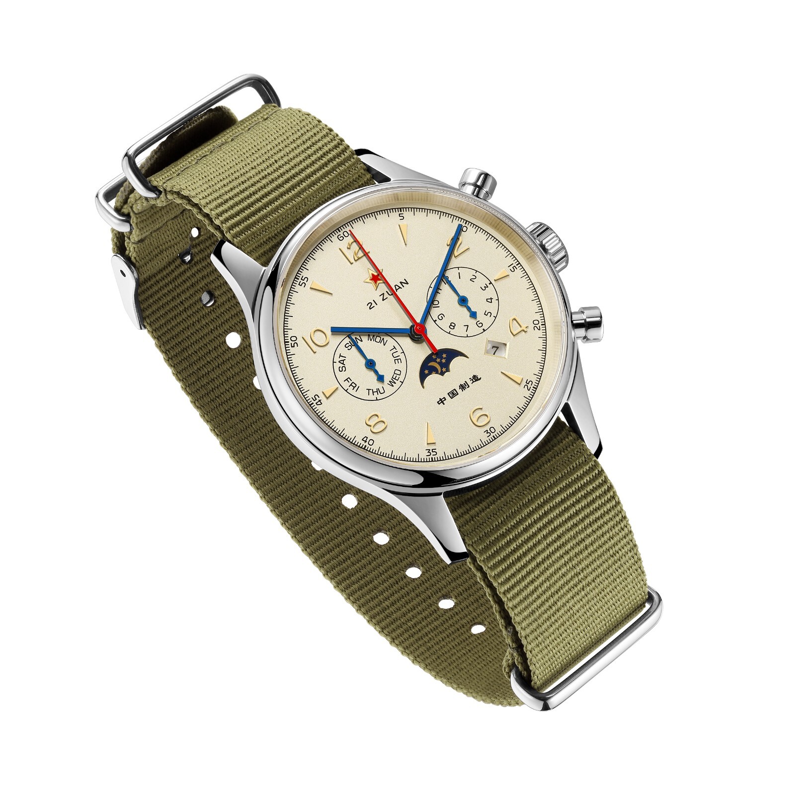 RED STAR SEAGULL ST1654 Daily Calendar Sun Moon Dial Automatic Watch 50M 316L