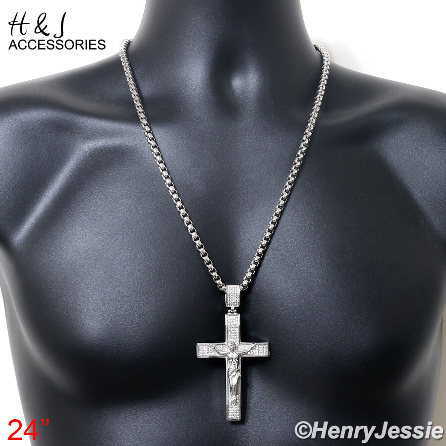 18-40″Stainless Steel 5mm Silver Box Link Necklace BIG ICY CZ Cross Pendant*P143