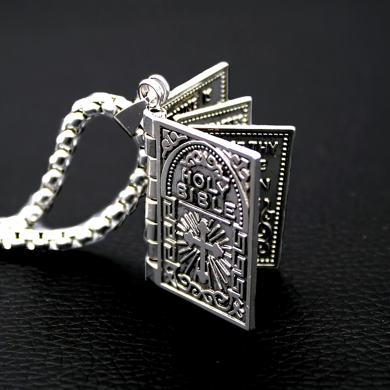 Silver Tone Hinged Bible Book Cross Pendant Necklace Religious Jewelry Unisex US