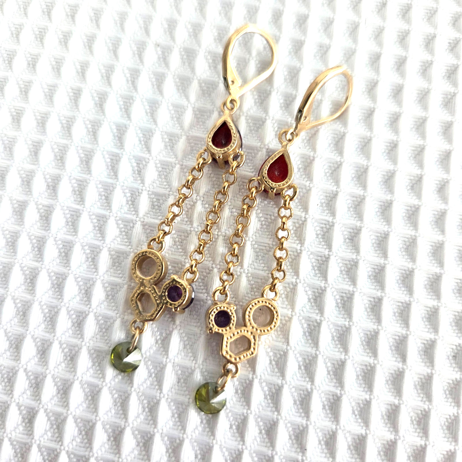 Golden Dangle Earrings Faux Gemstone Chain Green Purple Red Teardrop 2.5″