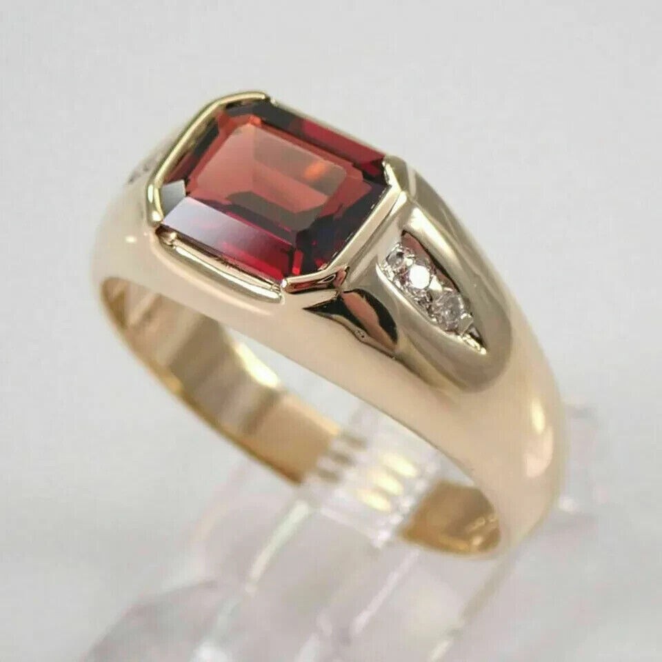 Emerald Cut Simulated Garnet & Diamond Engagement Ring 14K Yellow Gold Plated