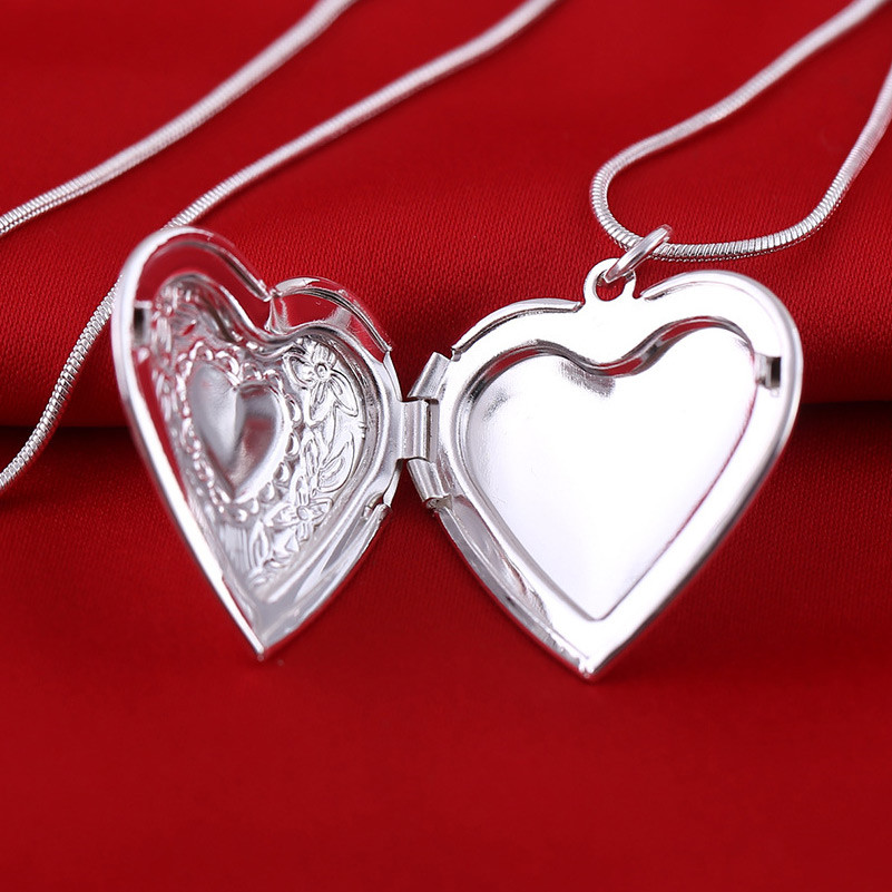 Heart Locket Pendant Necklace Silver Plated Photo Picture Chain Set