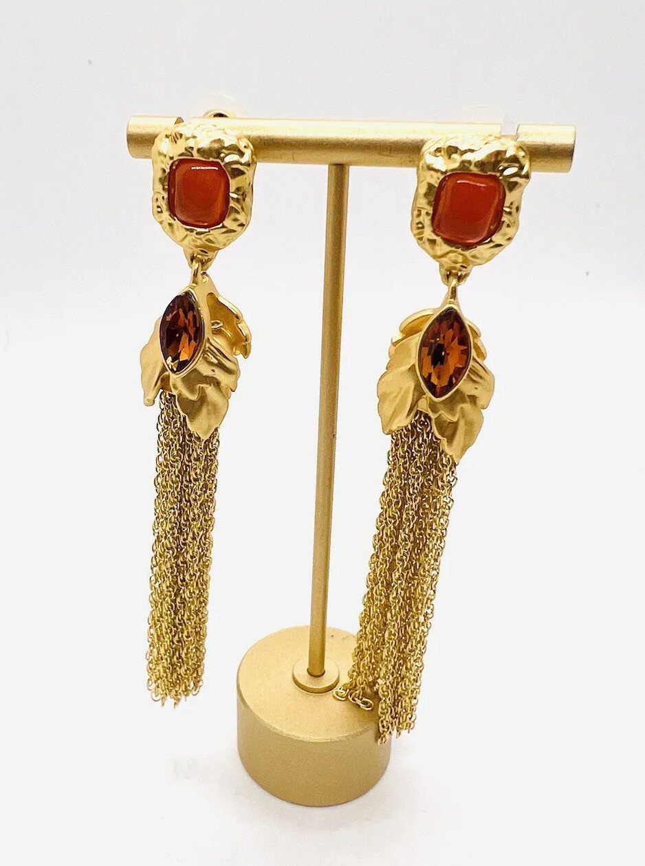 Long Catwalk Jon Amber Poured Resin & Rhinestone Chain Tassel Earrings Posts New