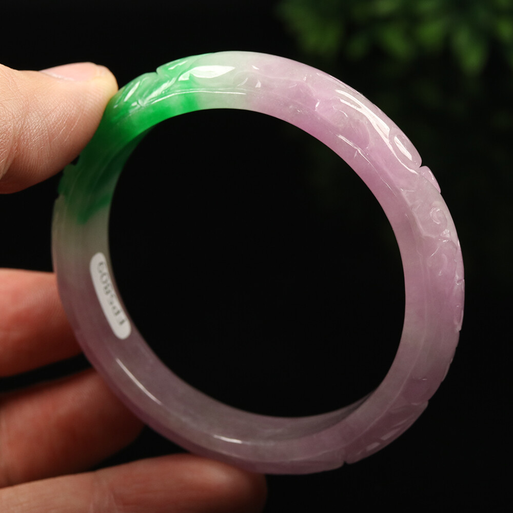 55mm Lavender Purple Green Jadeite Jade Bracelet Bangle Bat Coin 福在眼前 A-11671