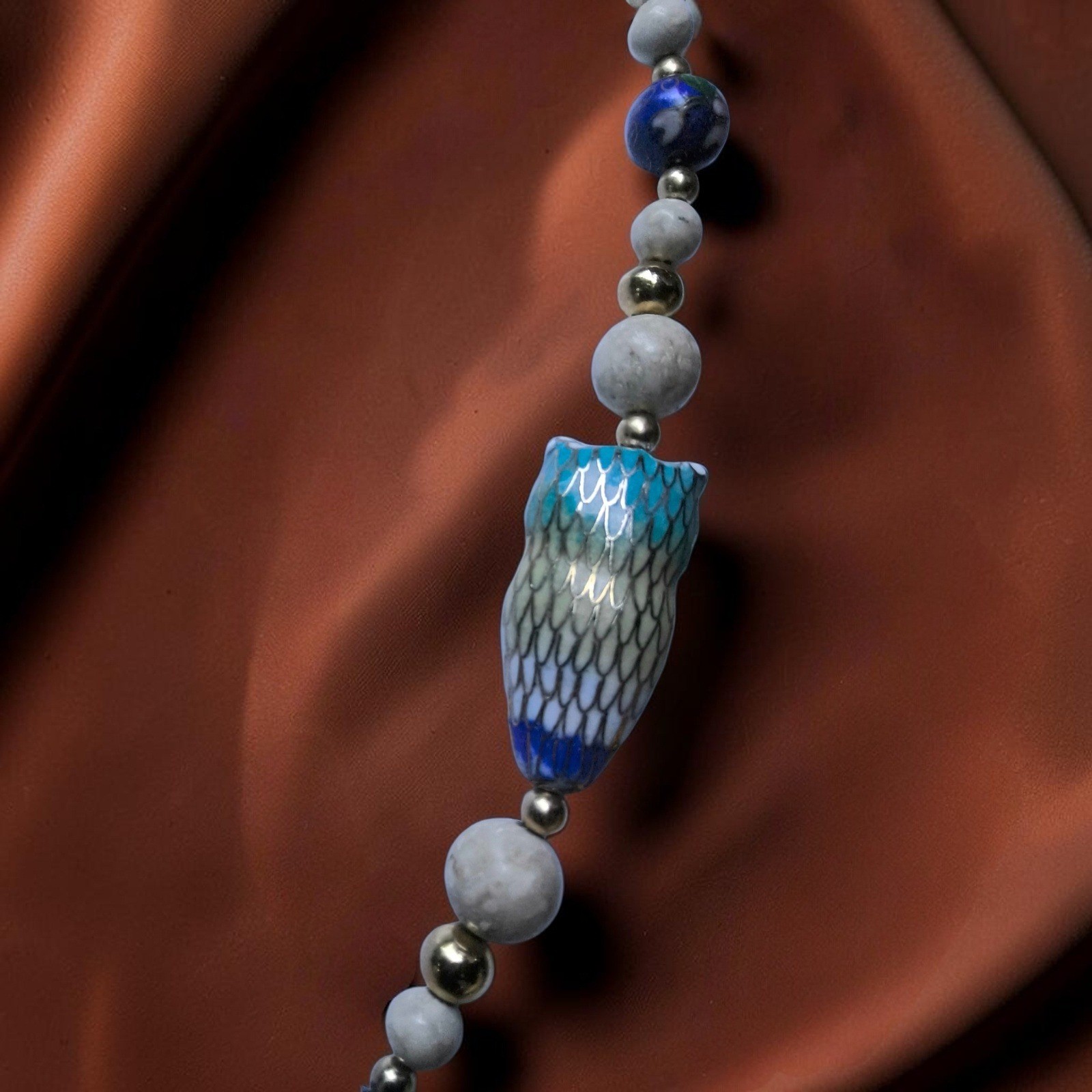 Vintage Cloisonné Owl Necklace Natural Matte Stone Enamel Floral Beads 27″