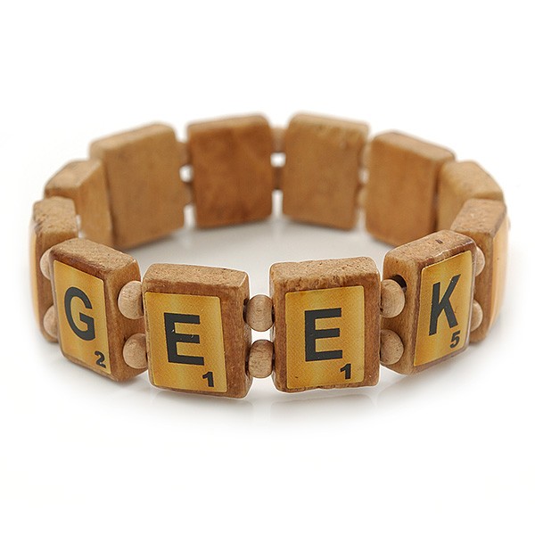 Light Brown Wood ‘Geek’ Stretch Icon Bracelet – 18cm L