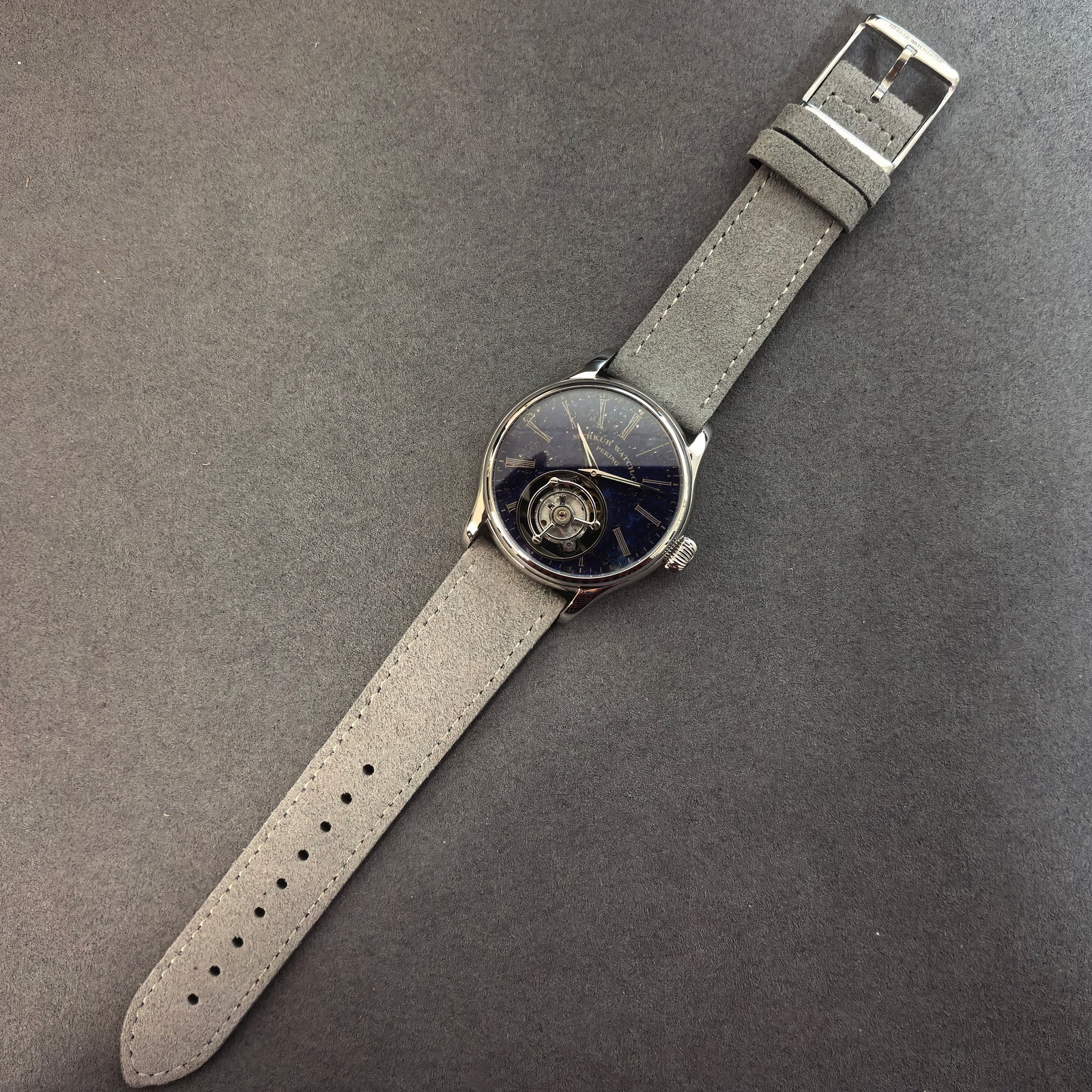 Merkur Men Tourbillon Watch Mechanical Wristwatch Blue Sanding Dial Sapphire