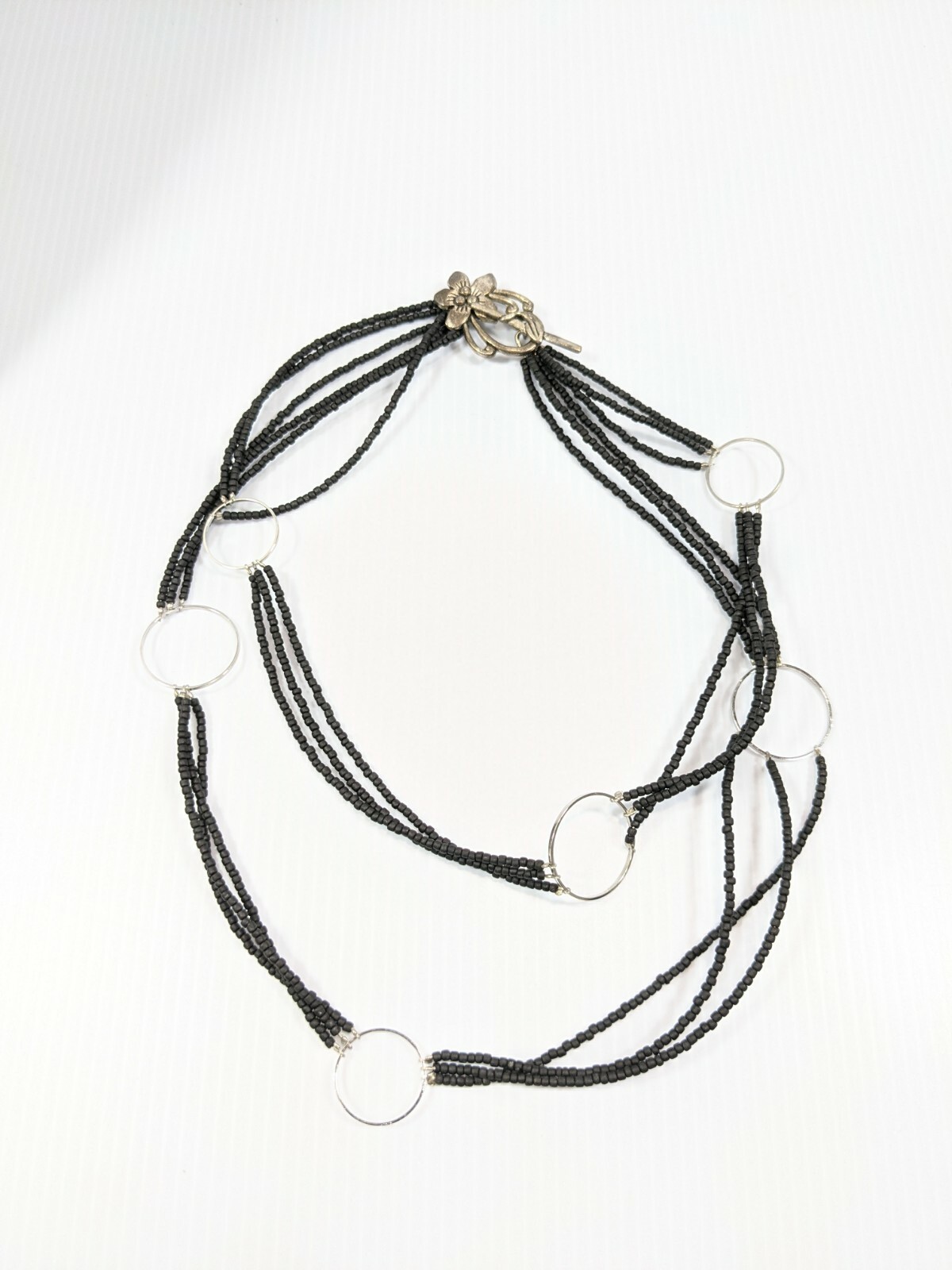Artisan Silver Tone Black Frosted Glass Bead Open Circle Double Strand Necklace